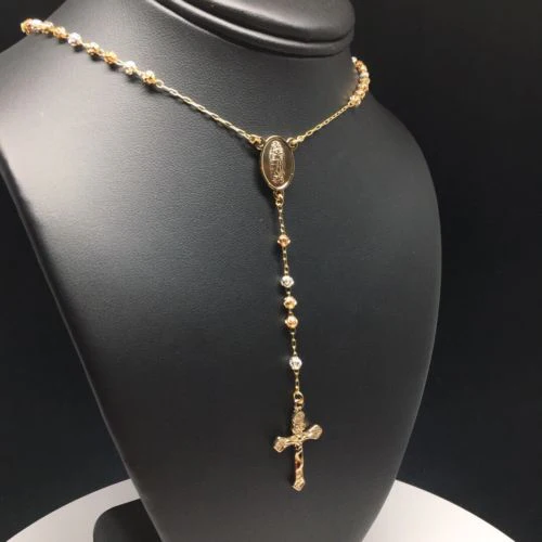 24" Gold Plated Tri-Color Virgin Mary Rosary with 4mm Beads / 24" Rosario De Oro Laminado Tres Colores Con Guadalupe Y Cruz Jesus Bolas De 4mm - Image 5