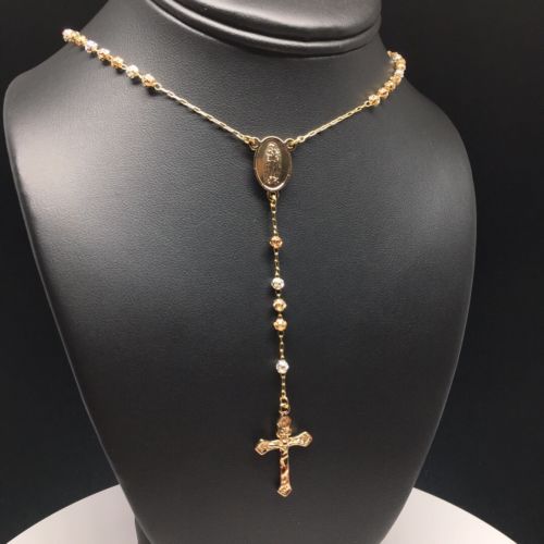 24" Gold Plated Tri-Color Virgin Mary Rosary with 4mm Beads / 24" Rosario De Oro Laminado Tres Colores Con Guadalupe Y Cruz Jesus Bolas De 4mm - Image 6