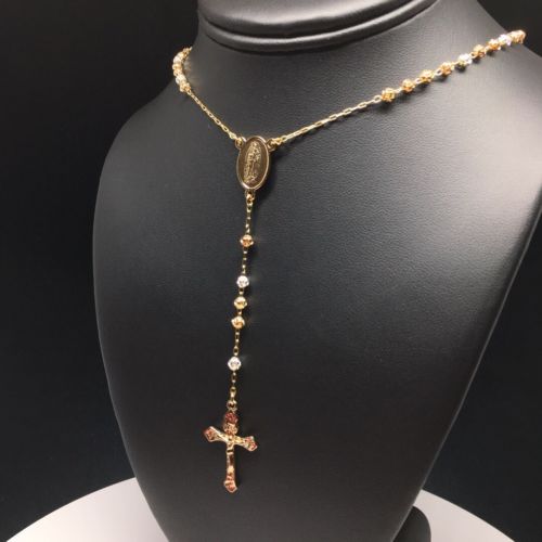 24" Gold Plated Tri-Color Virgin Mary Rosary with 4mm Beads / 24" Rosario De Oro Laminado Tres Colores Con Guadalupe Y Cruz Jesus Bolas De 4mm - Image 7
