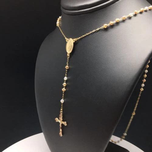 24" Gold Plated Tri-Color Virgin Mary Rosary with 4mm Beads / 24" Rosario De Oro Laminado Tres Colores Con Guadalupe Y Cruz Jesus Bolas De 4mm - Image 8