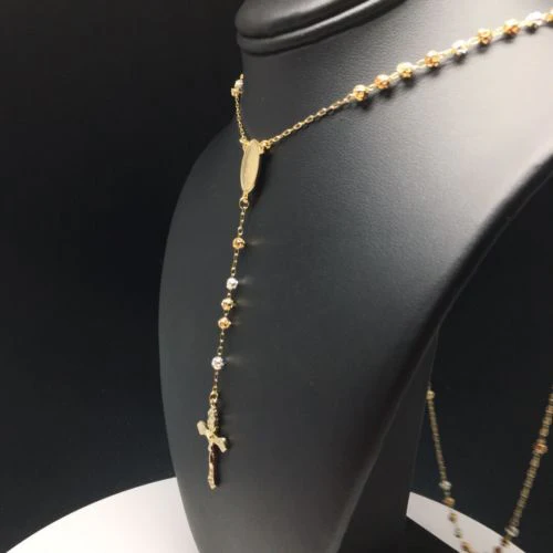 24" Gold Plated Tri-Color Virgin Mary Rosary with 4mm Beads / 24" Rosario De Oro Laminado Tres Colores Con Guadalupe Y Cruz Jesus Bolas De 4mm - Image 9