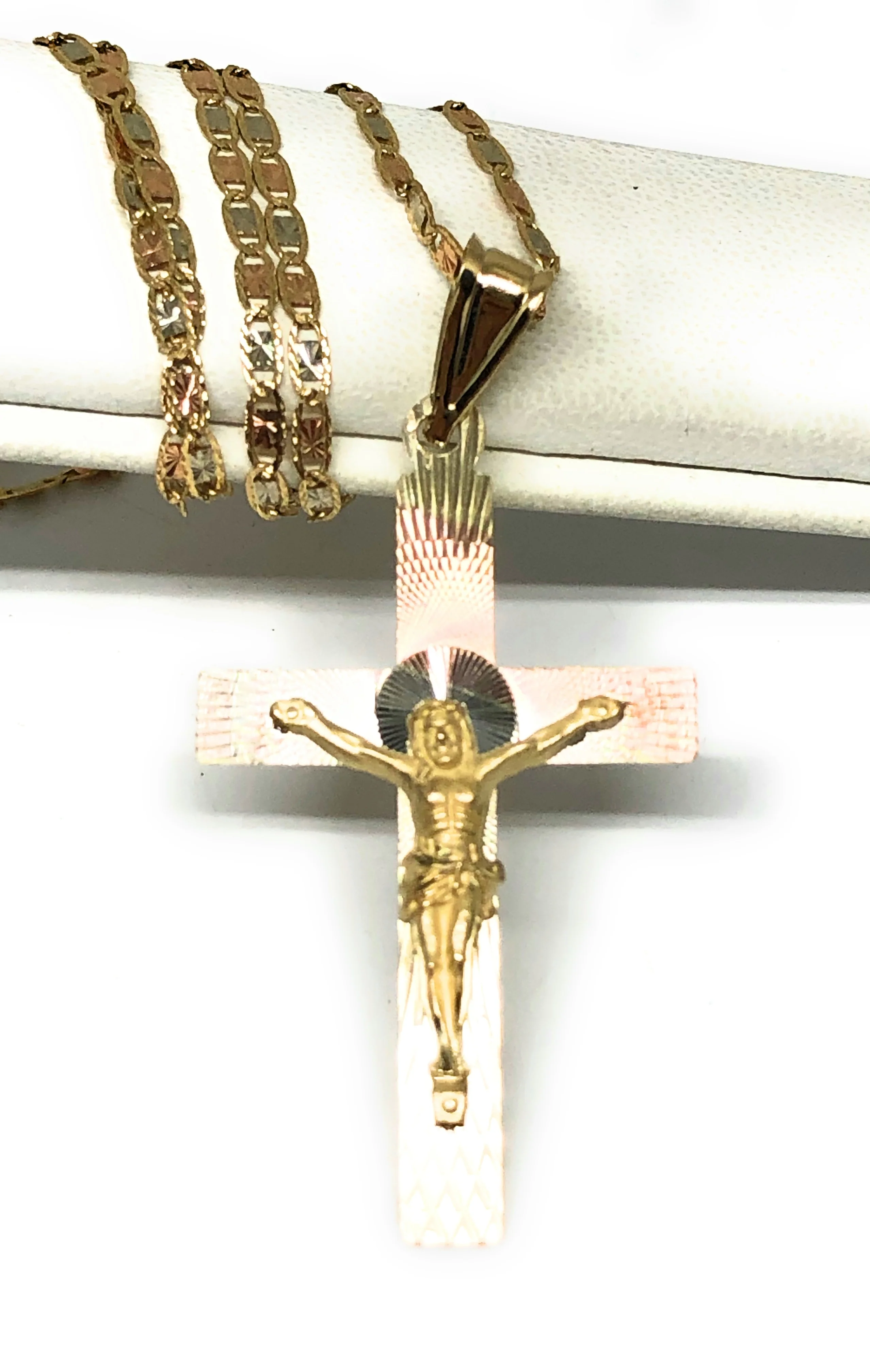 14k Solid Gold Tri-Color Laser Cut Classic Jesus Cross Pendant Necklace Crucifix With Valentina Chain - Image 3