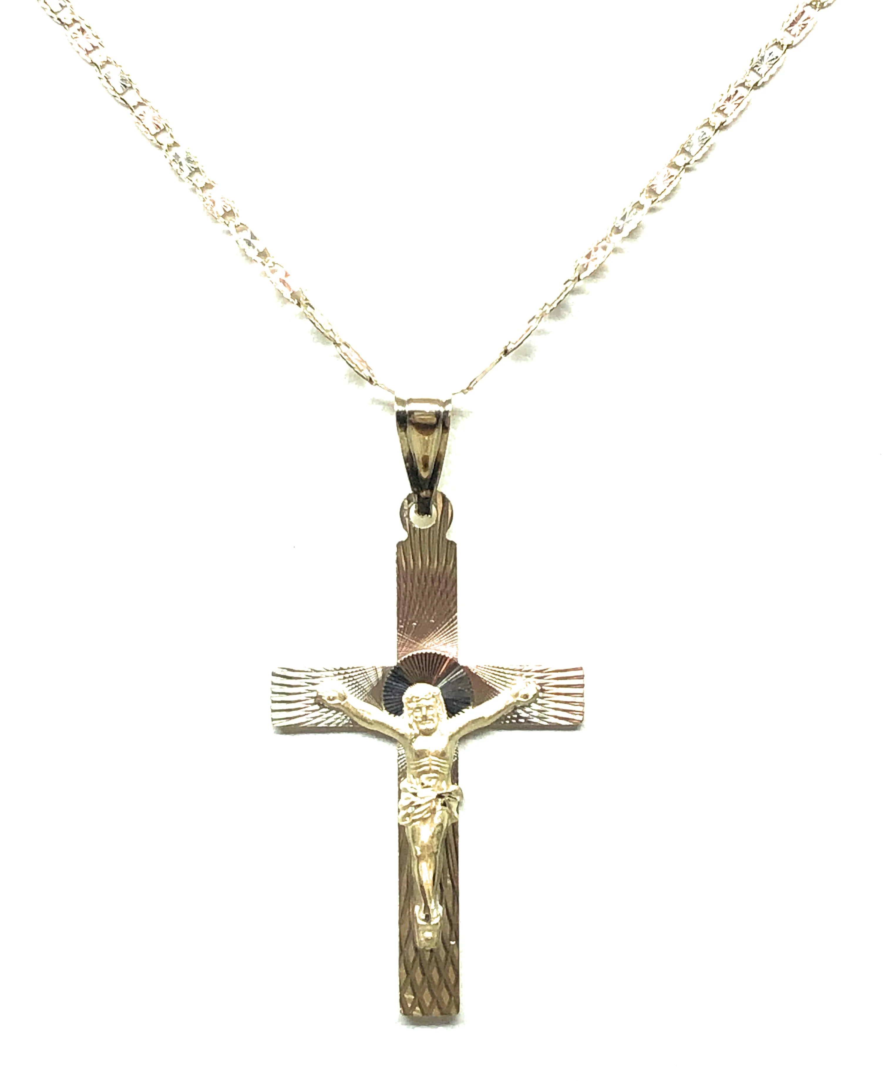 14k Solid Gold Tri-Color Laser Cut Classic Jesus Cross Pendant Necklace Crucifix With Valentina Chain - Image 4