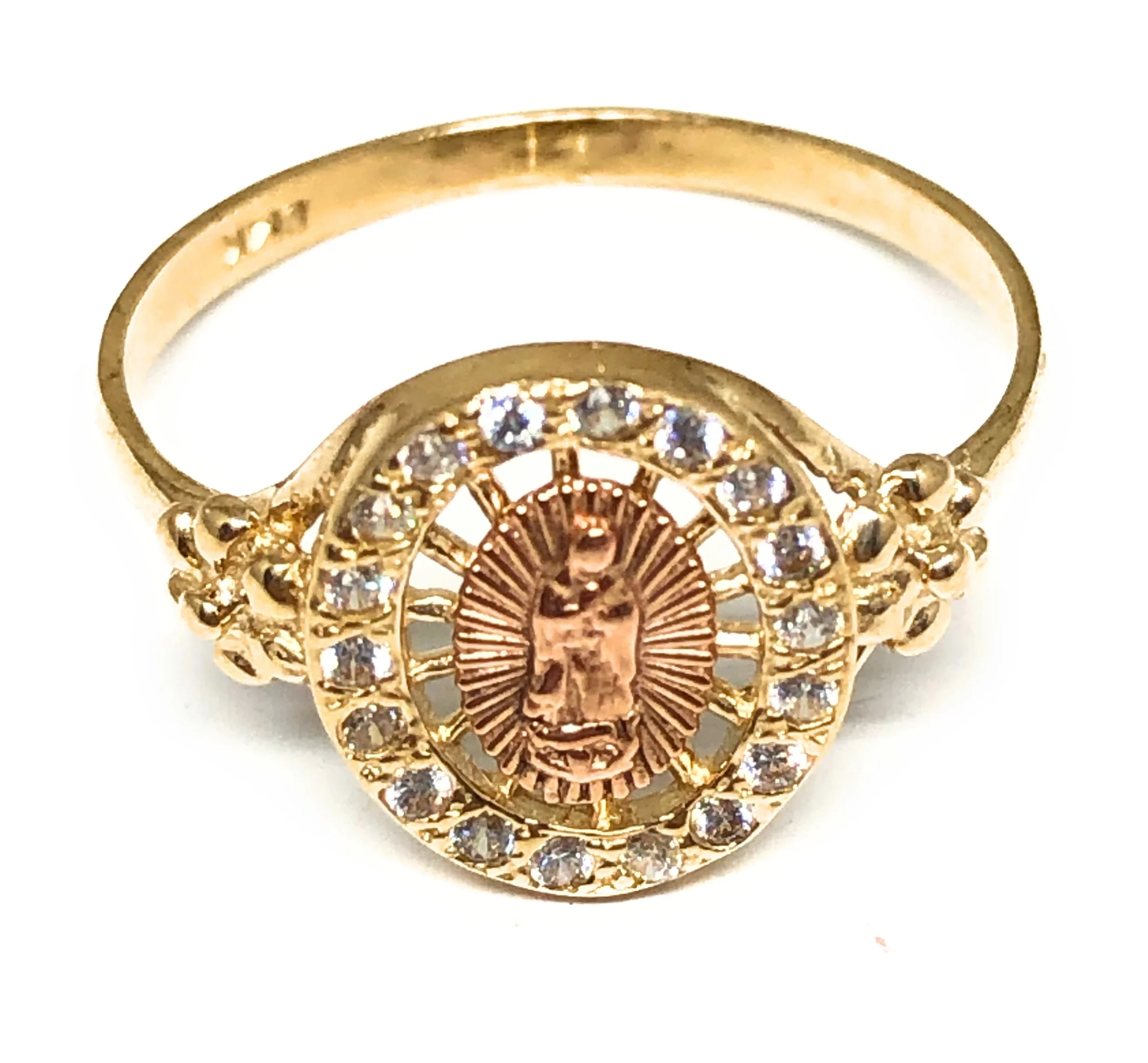14k Solid Gold Yellow & Rose Gold Round Virrgin Mary CZ Ring