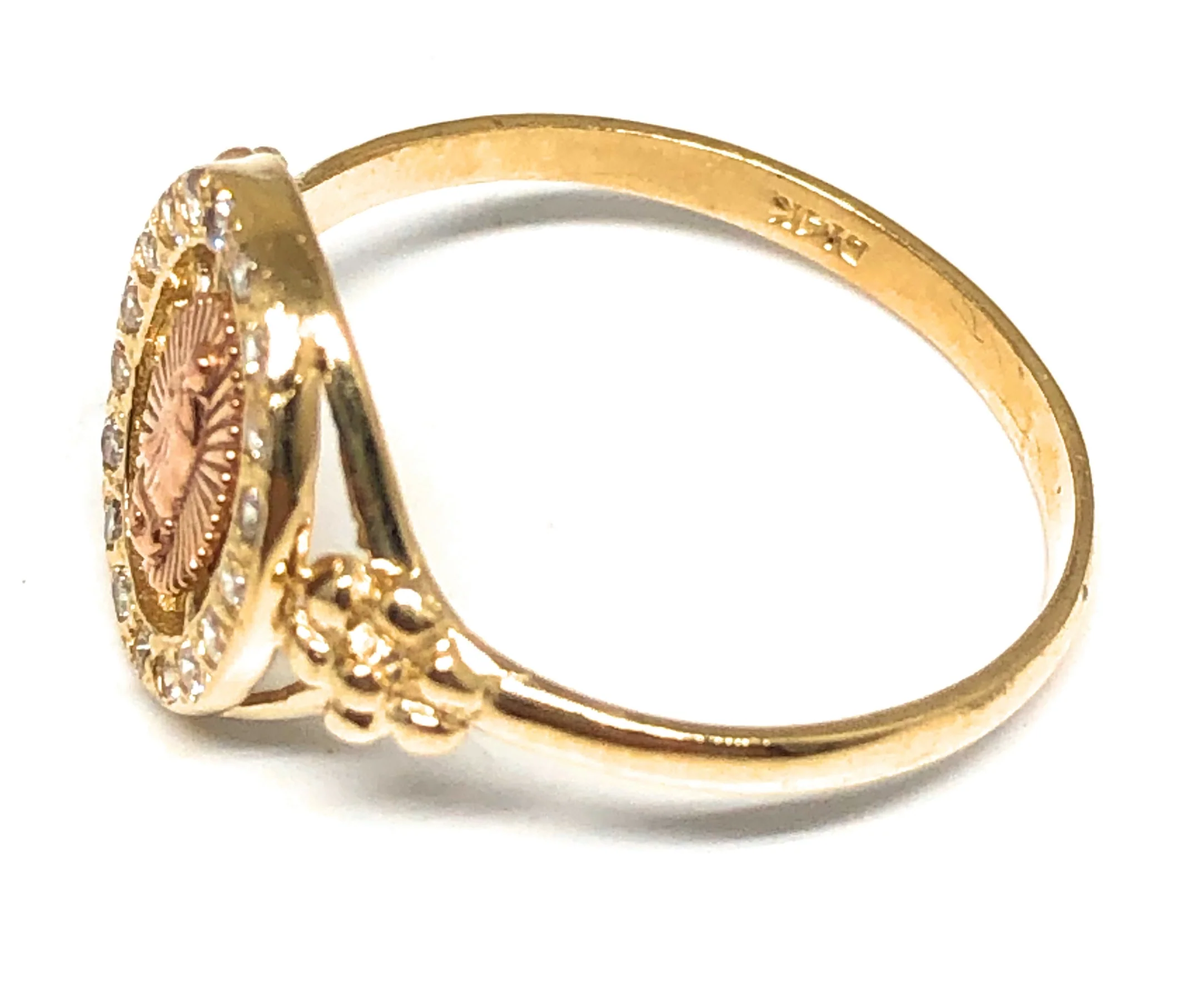 14k Solid Gold Yellow & Rose Gold Round Virrgin Mary CZ Ring - Image 2