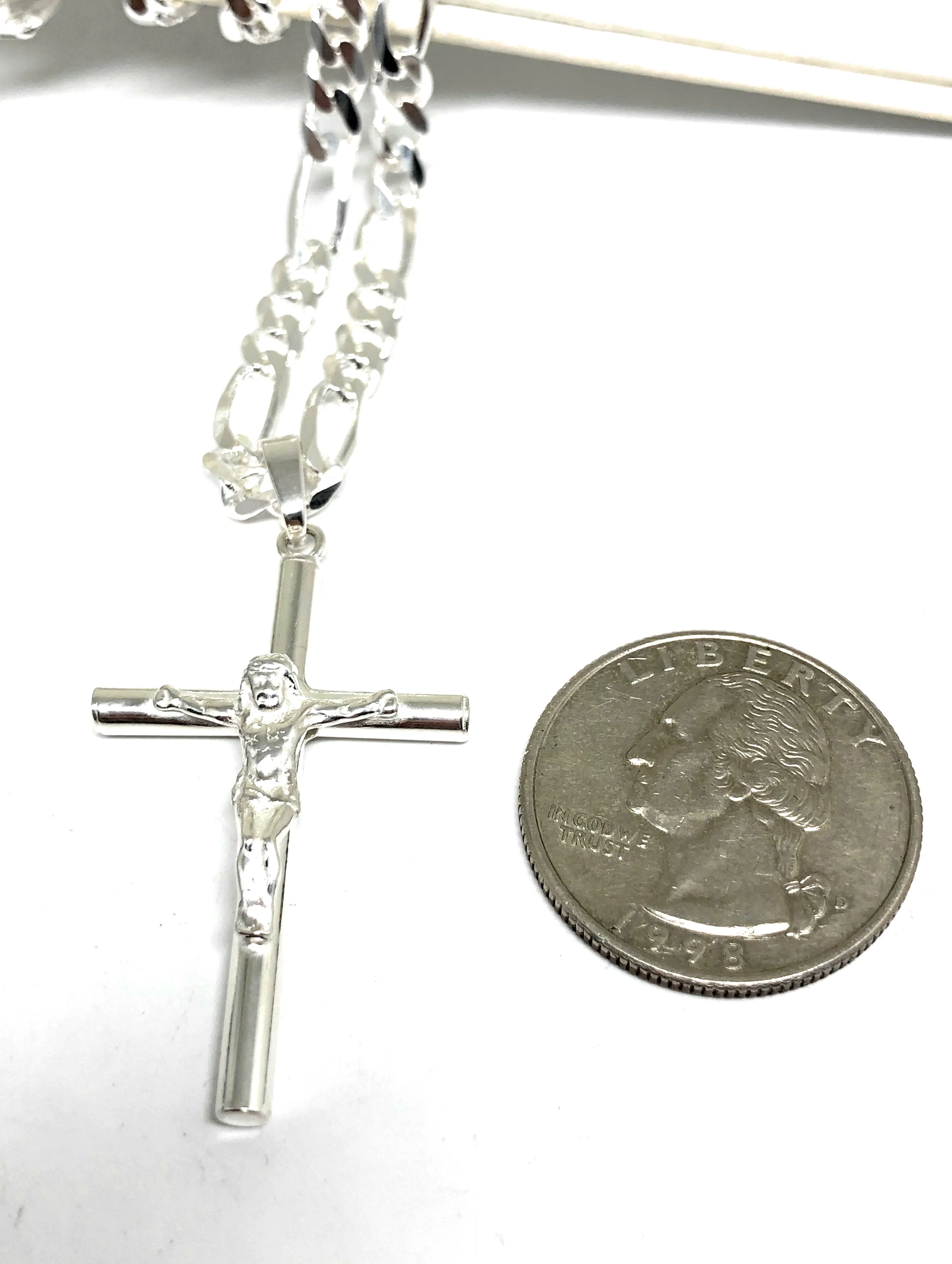 .925 Silver Classic Jesus Cross Crucifix Pendant Necklace with Figaro Chain - Image 2