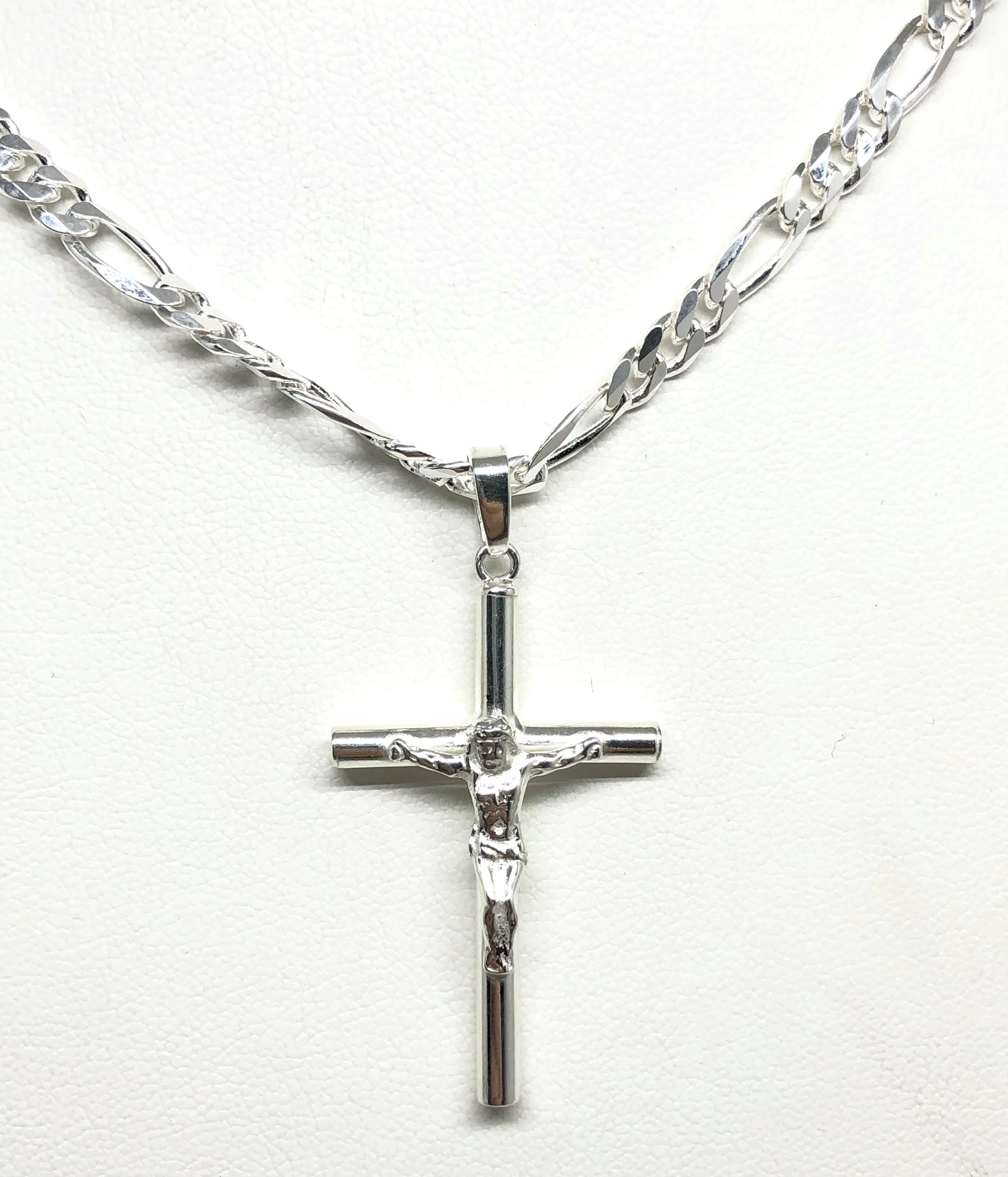 .925 Silver Classic Jesus Cross Crucifix Pendant Necklace with Figaro Chain - Image 4