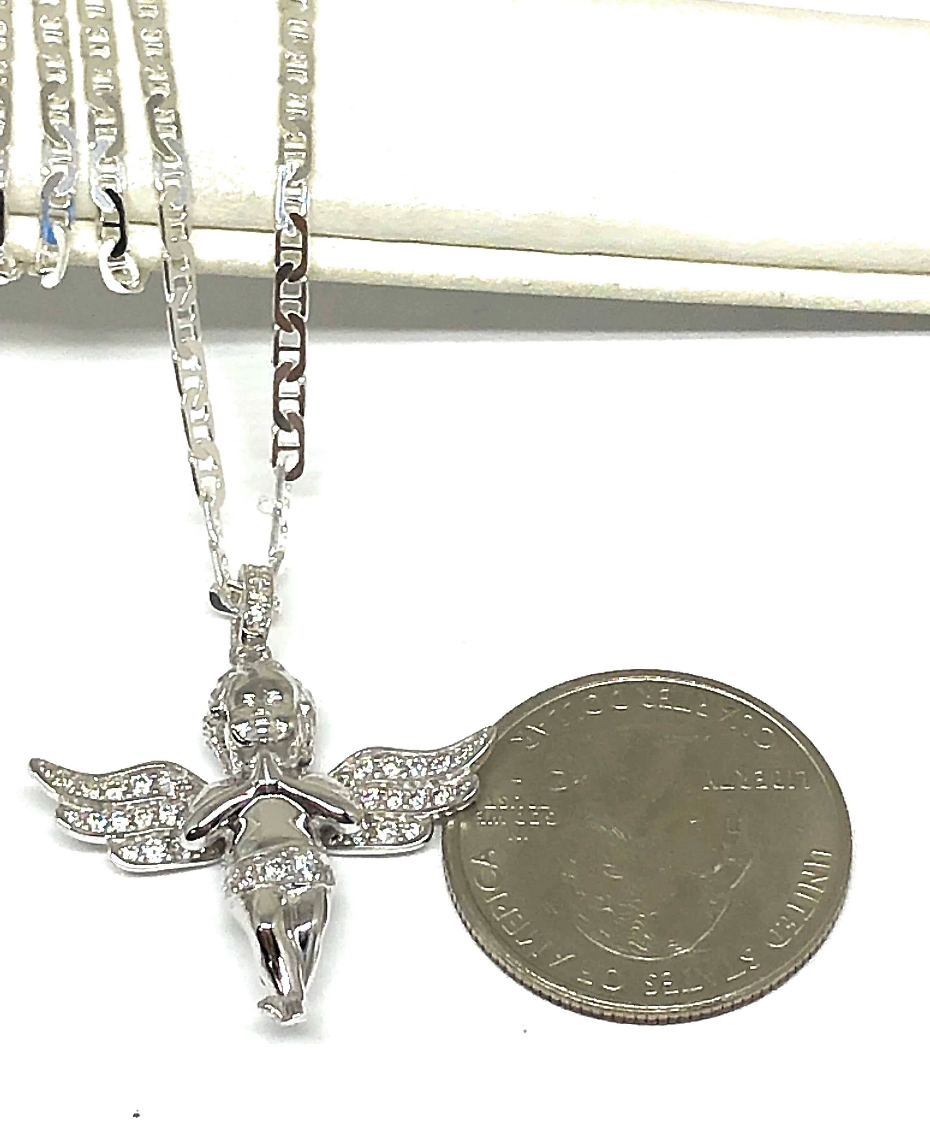 .925 Silver CZ Angel Pendant Necklace with Valentina Chain - Image 2