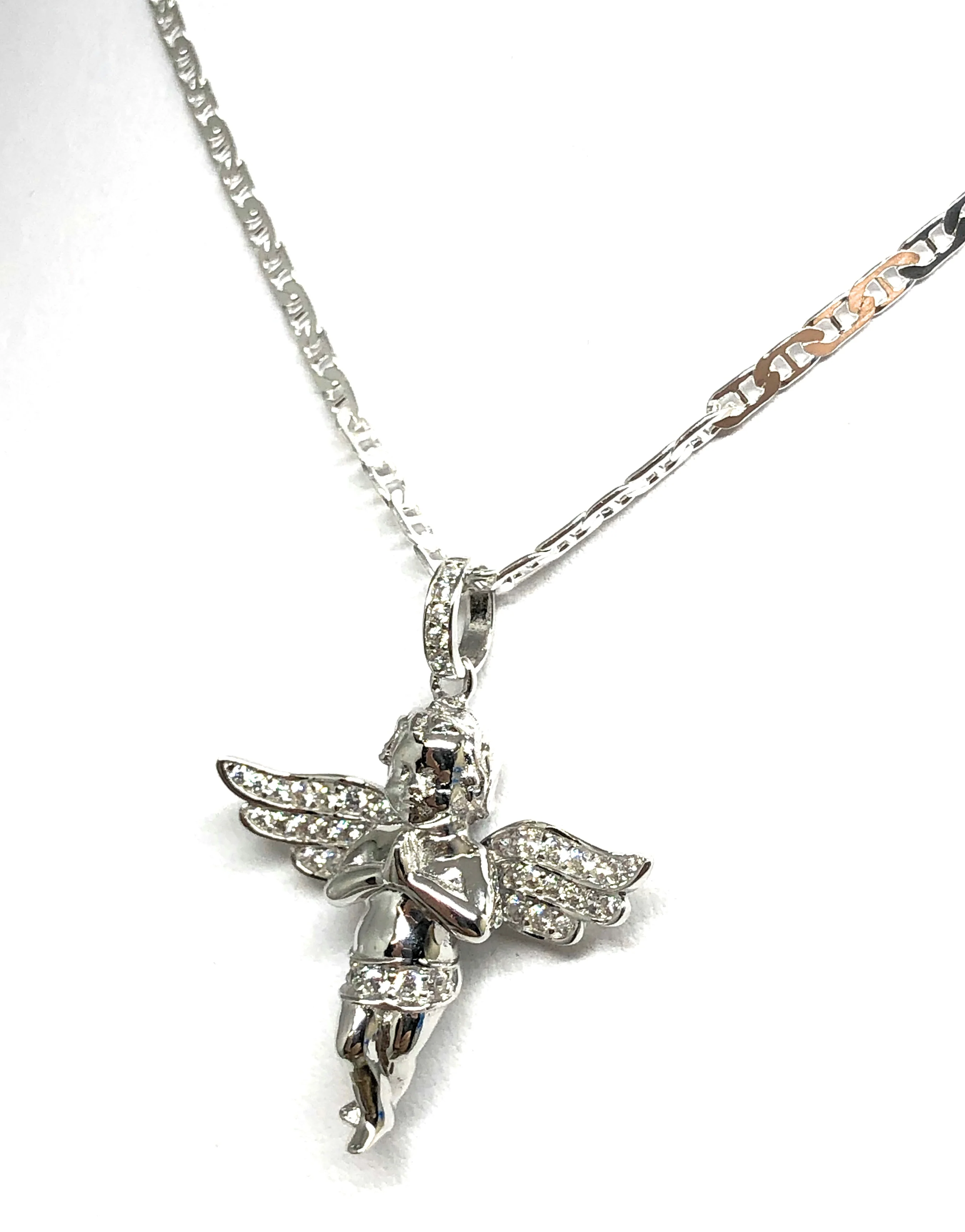 .925 Silver CZ Angel Pendant Necklace with Valentina Chain - Image 3