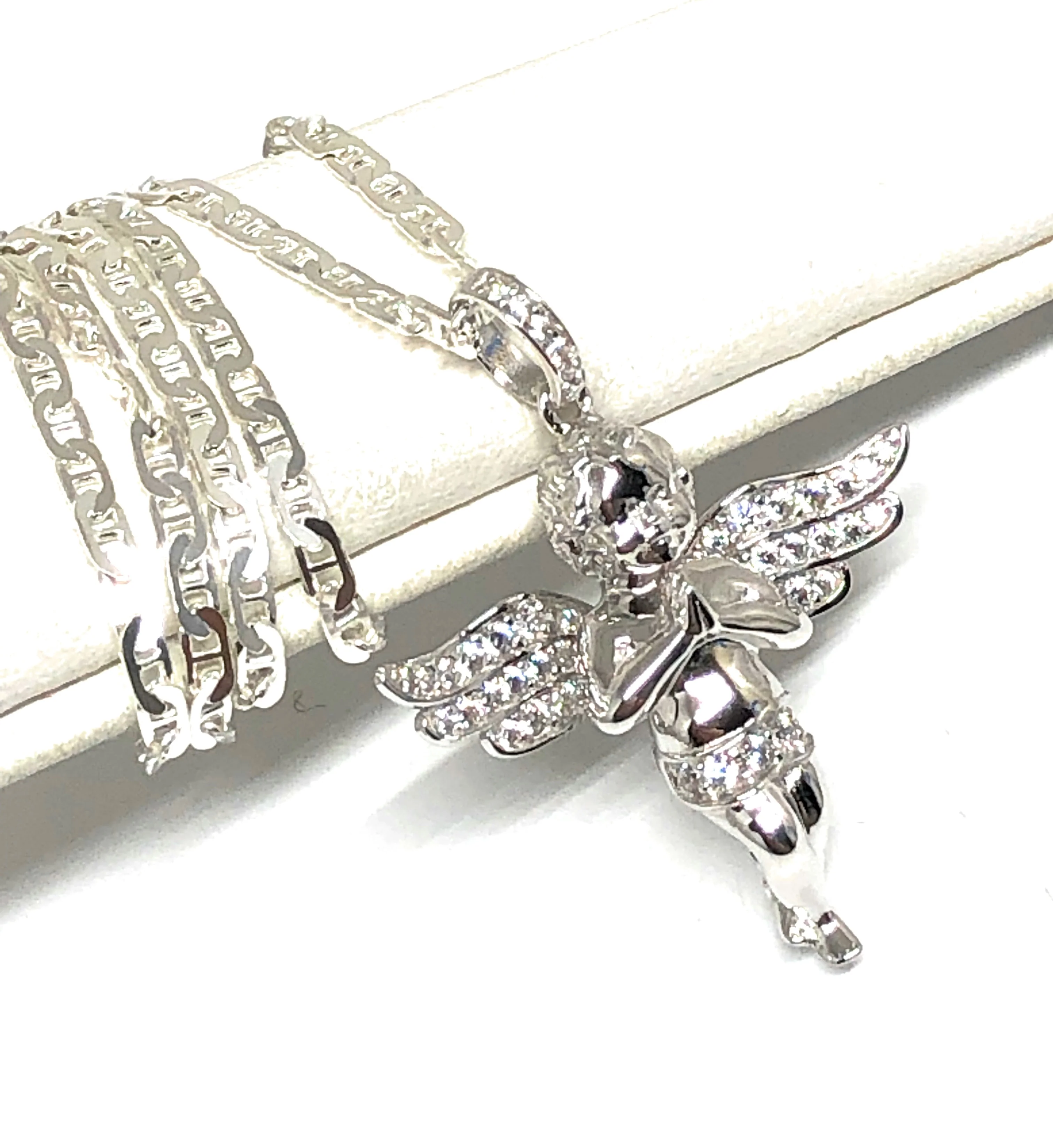 .925 Silver CZ Angel Pendant Necklace with Valentina Chain - Image 7