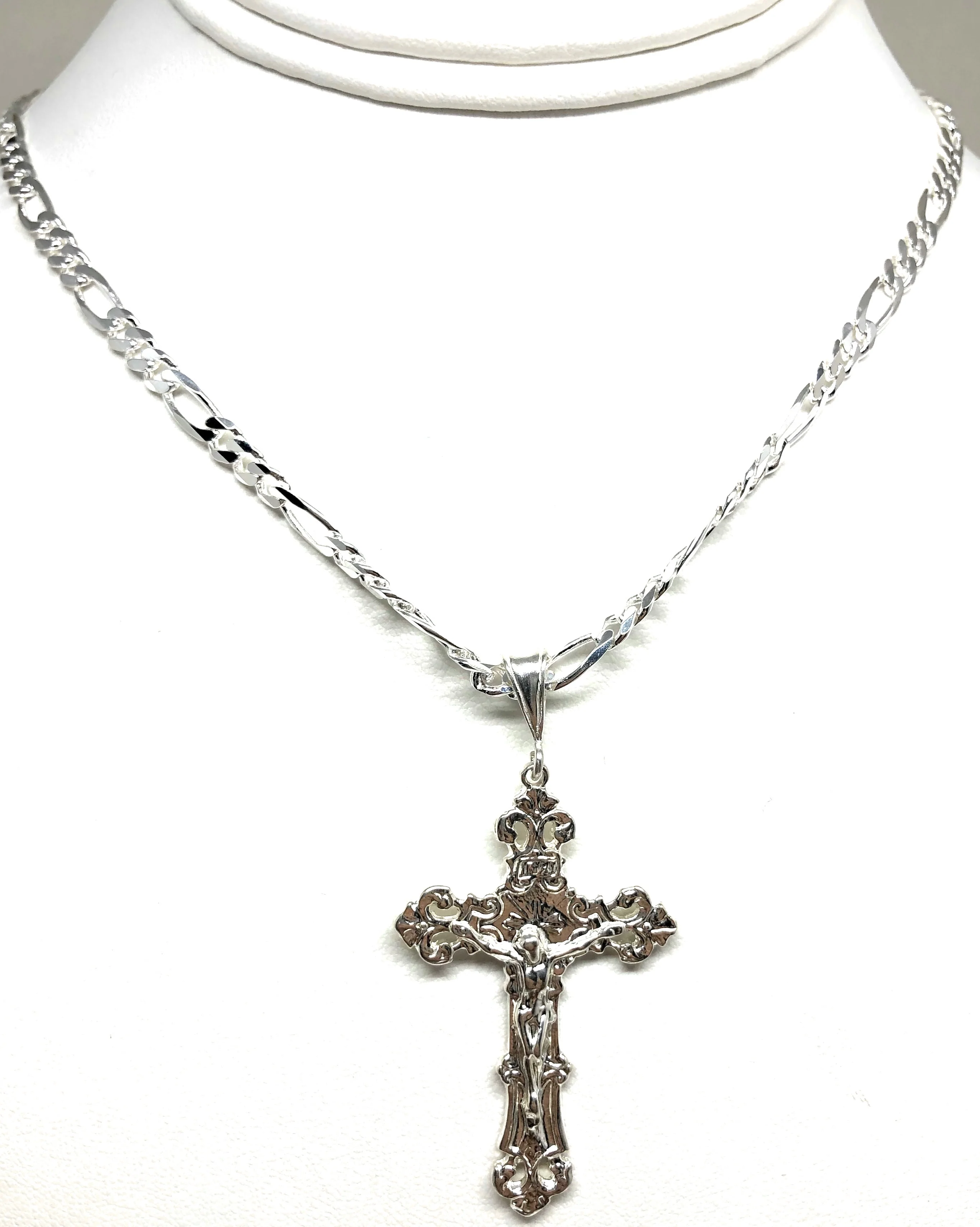 .925 Silver Filigran Jesus Cross Crucifix Pendant Necklace with Figaro Chain - Image 4