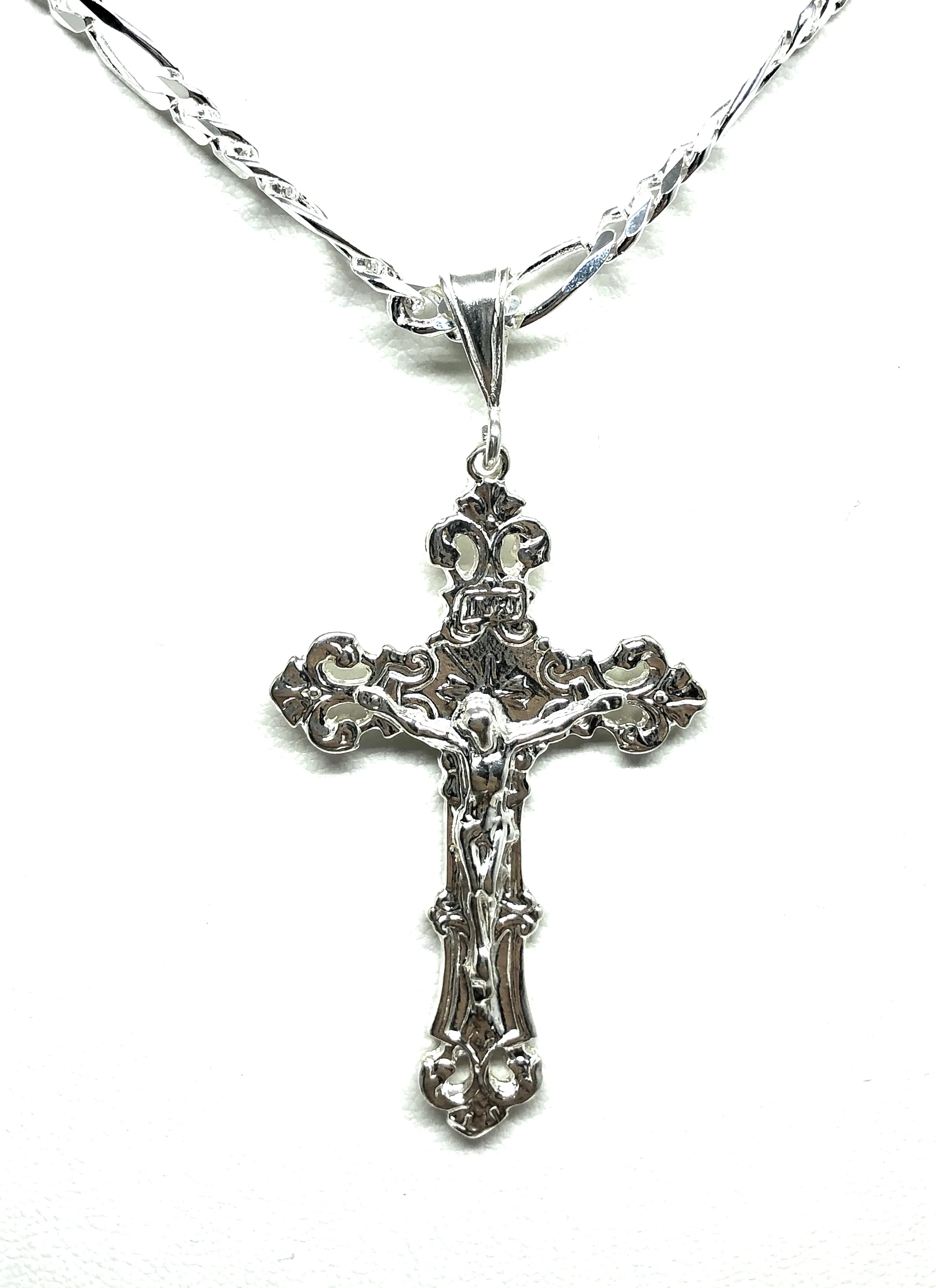 .925 Silver Filigran Jesus Cross Crucifix Pendant Necklace with Figaro Chain - Image 5