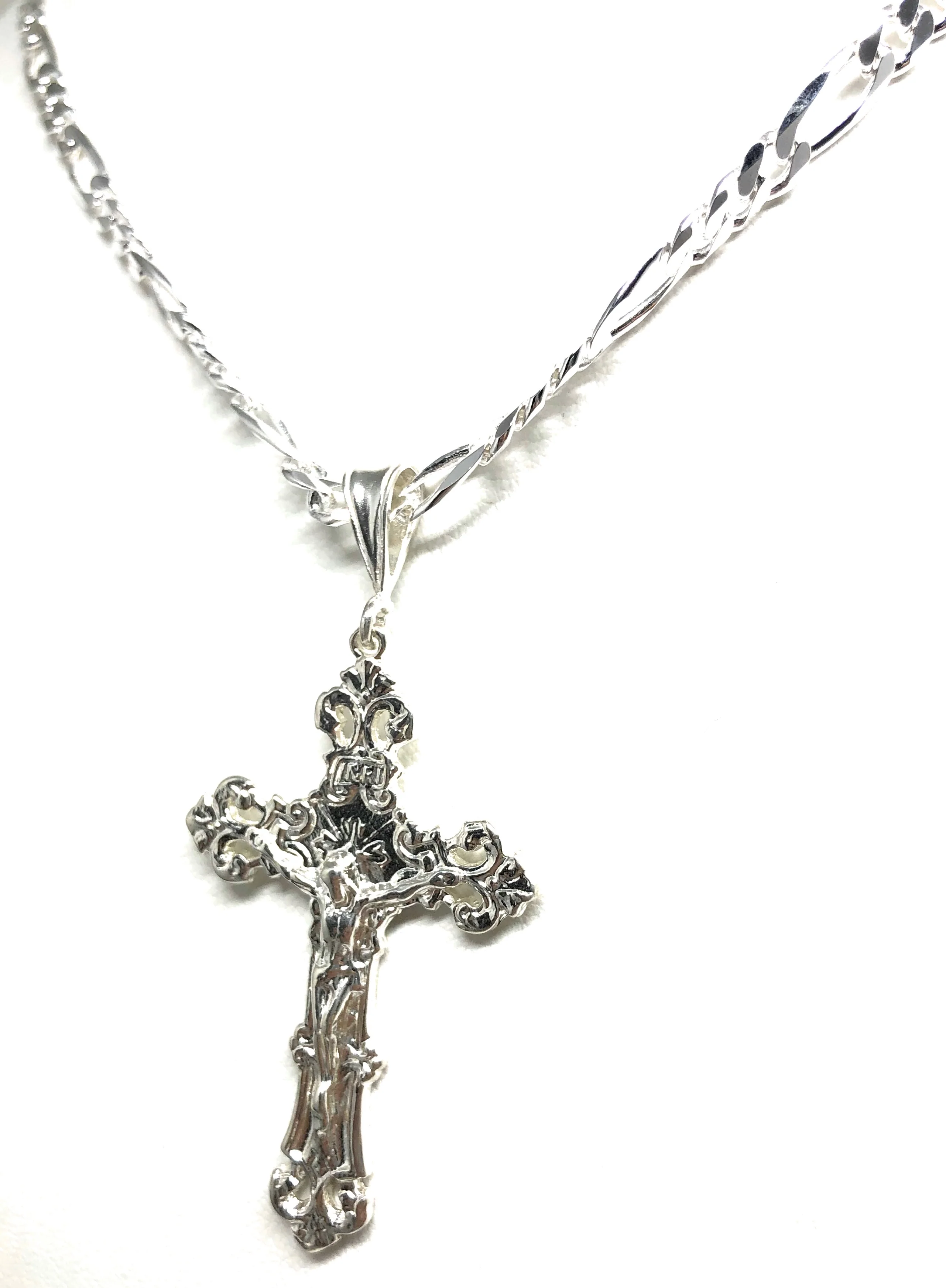 .925 Silver Filigran Jesus Cross Crucifix Pendant Necklace with Figaro Chain - Image 6
