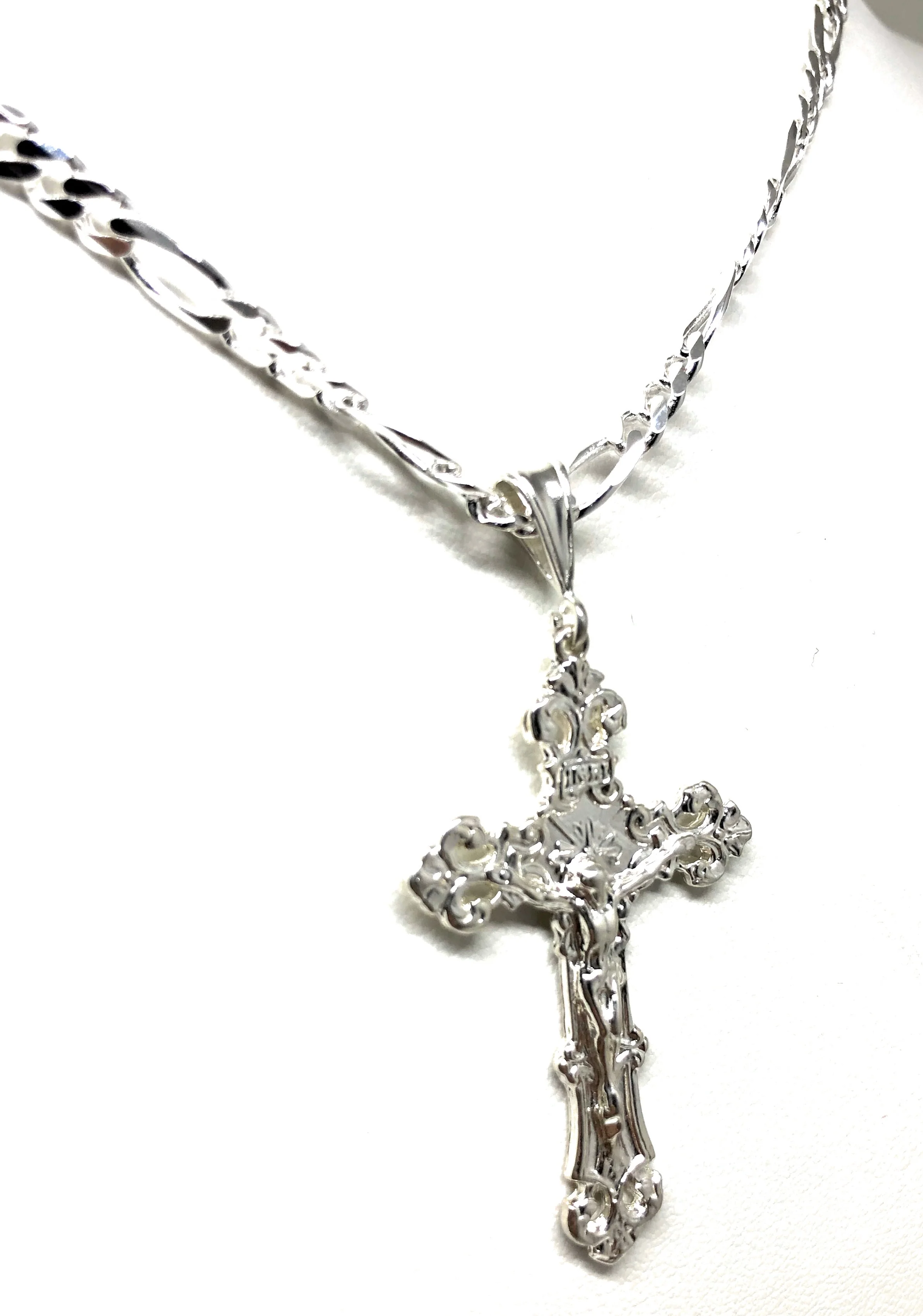 .925 Silver Filigran Jesus Cross Crucifix Pendant Necklace with Figaro Chain - Image 7