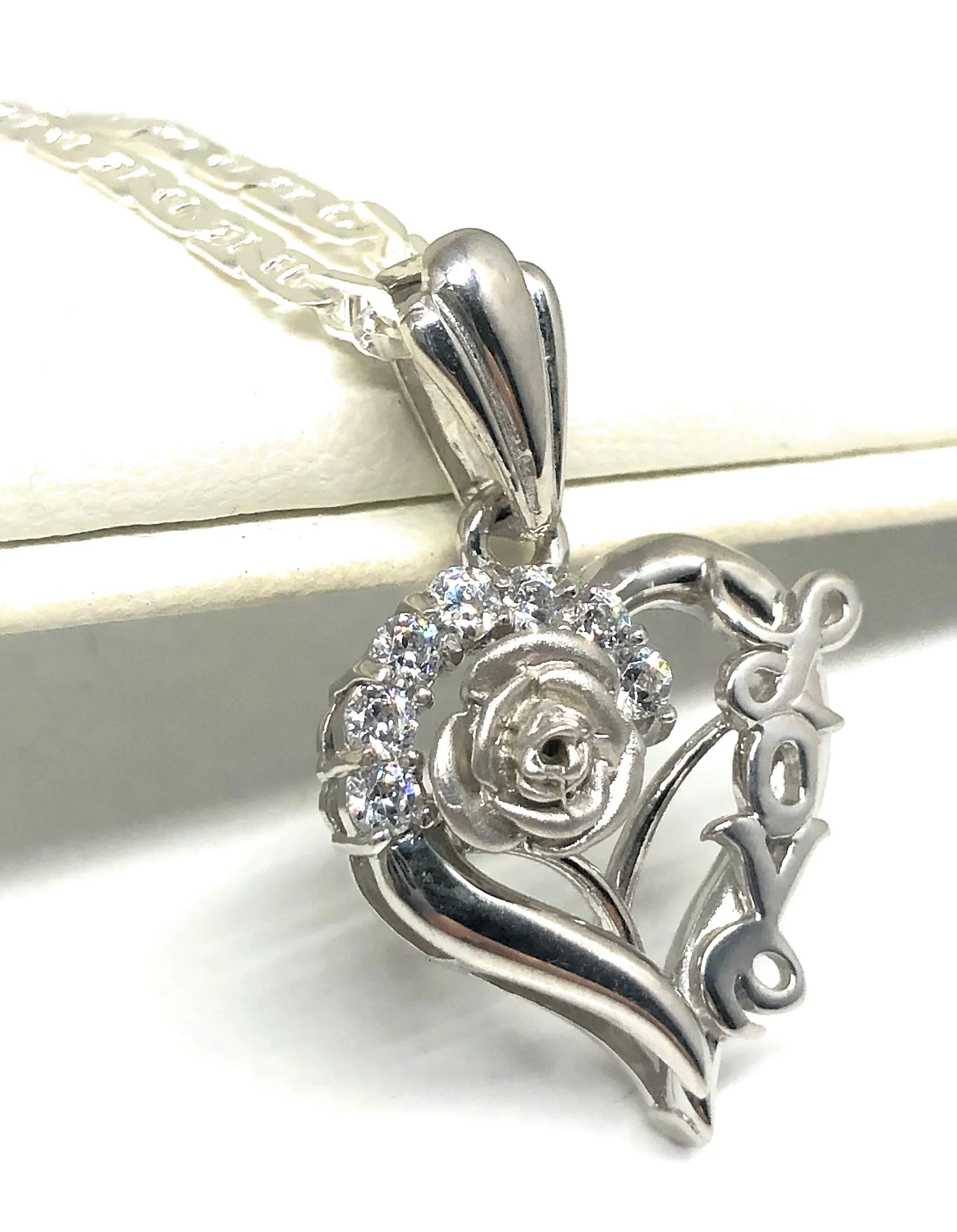 .925 Silver & White Gold Rhodium Heart & Rose Love Pendant CZ Necklace with Chain Options - Image 2