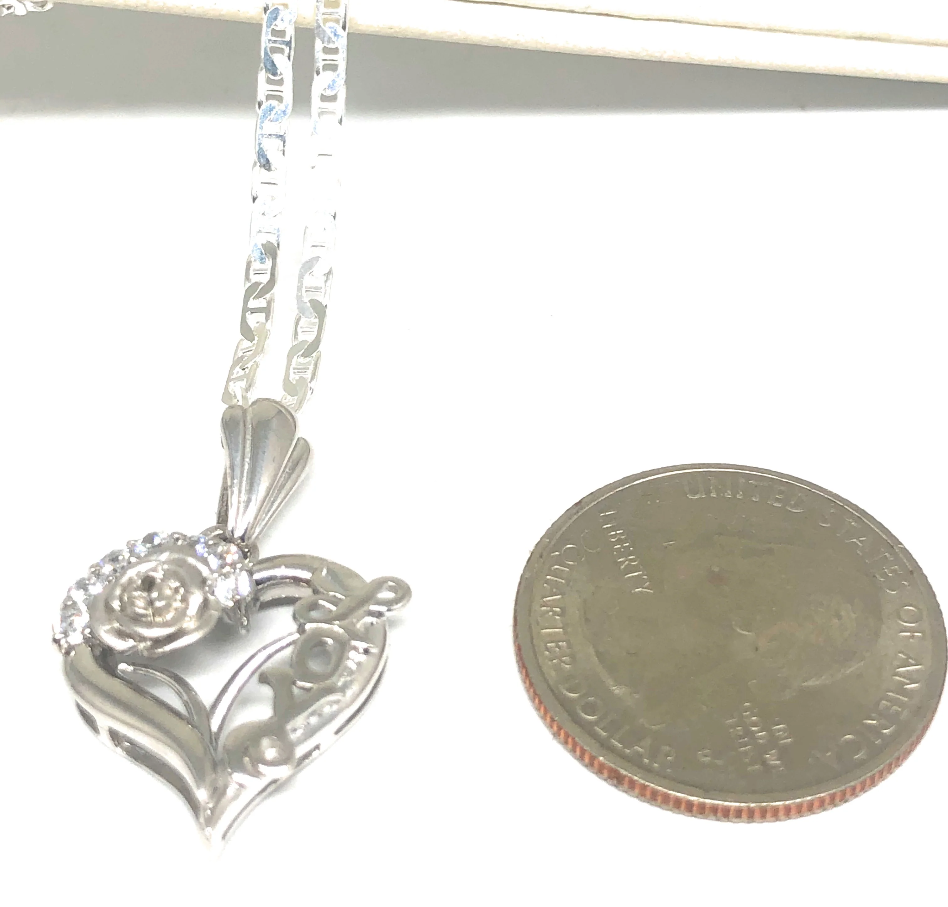 .925 Silver & White Gold Rhodium Heart & Rose Love Pendant CZ Necklace with Chain Options - Image 3