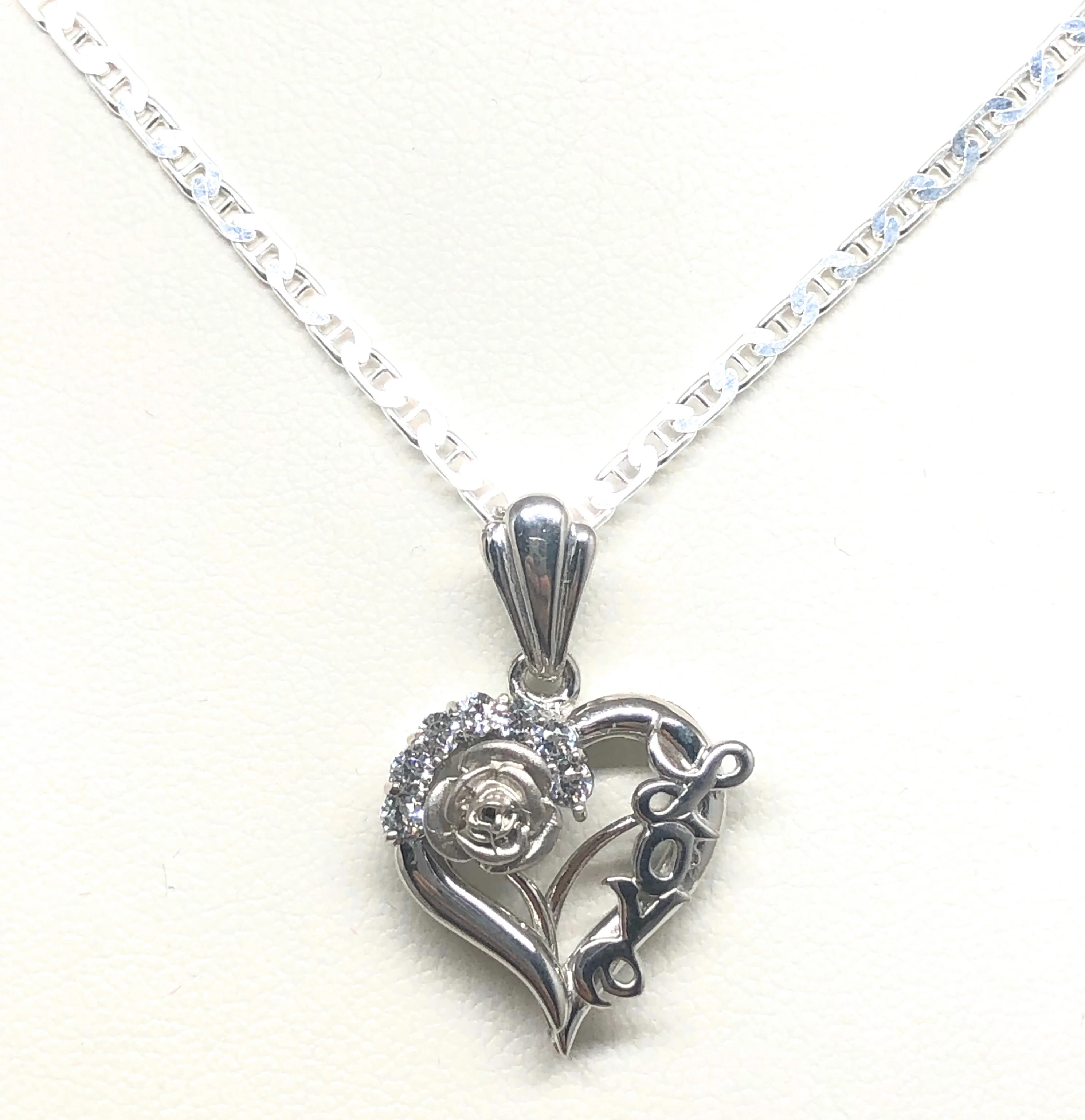 .925 Silver & White Gold Rhodium Heart & Rose Love Pendant CZ Necklace with Chain Options - Image 4