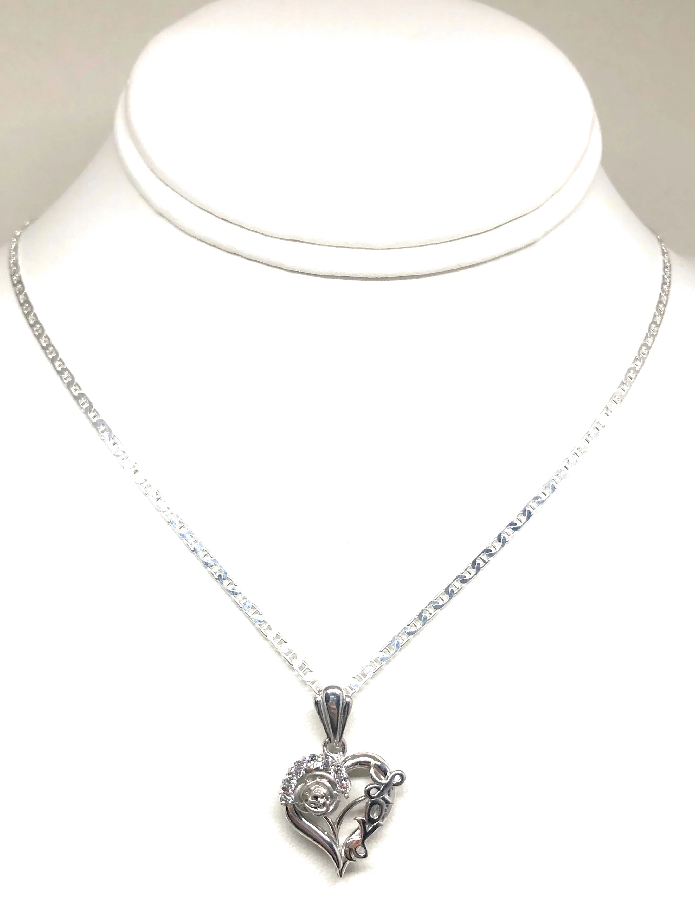 .925 Silver & White Gold Rhodium Heart & Rose Love Pendant CZ Necklace with Chain Options - Image 5