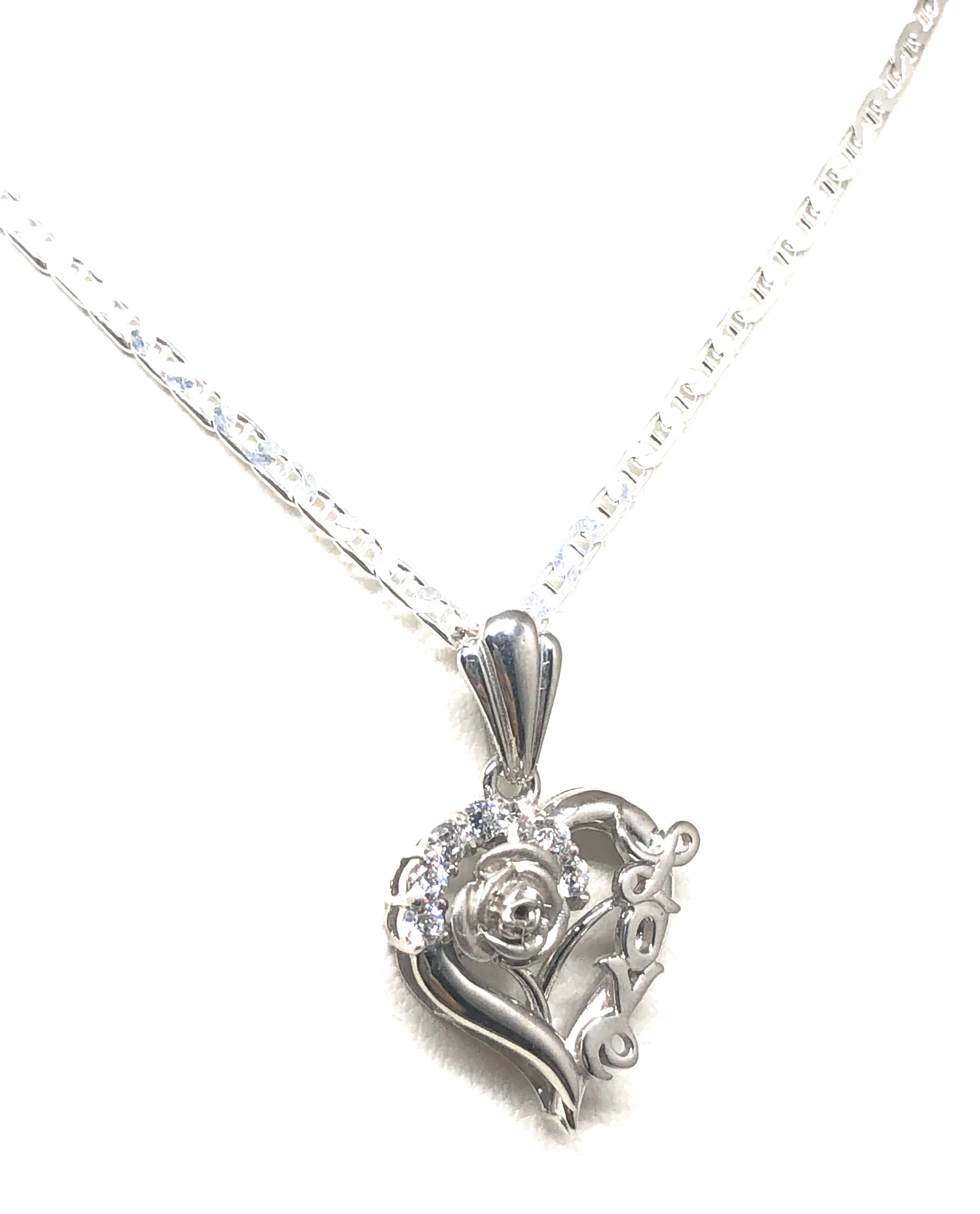 .925 Silver & White Gold Rhodium Heart & Rose Love Pendant CZ Necklace with Chain Options - Image 6