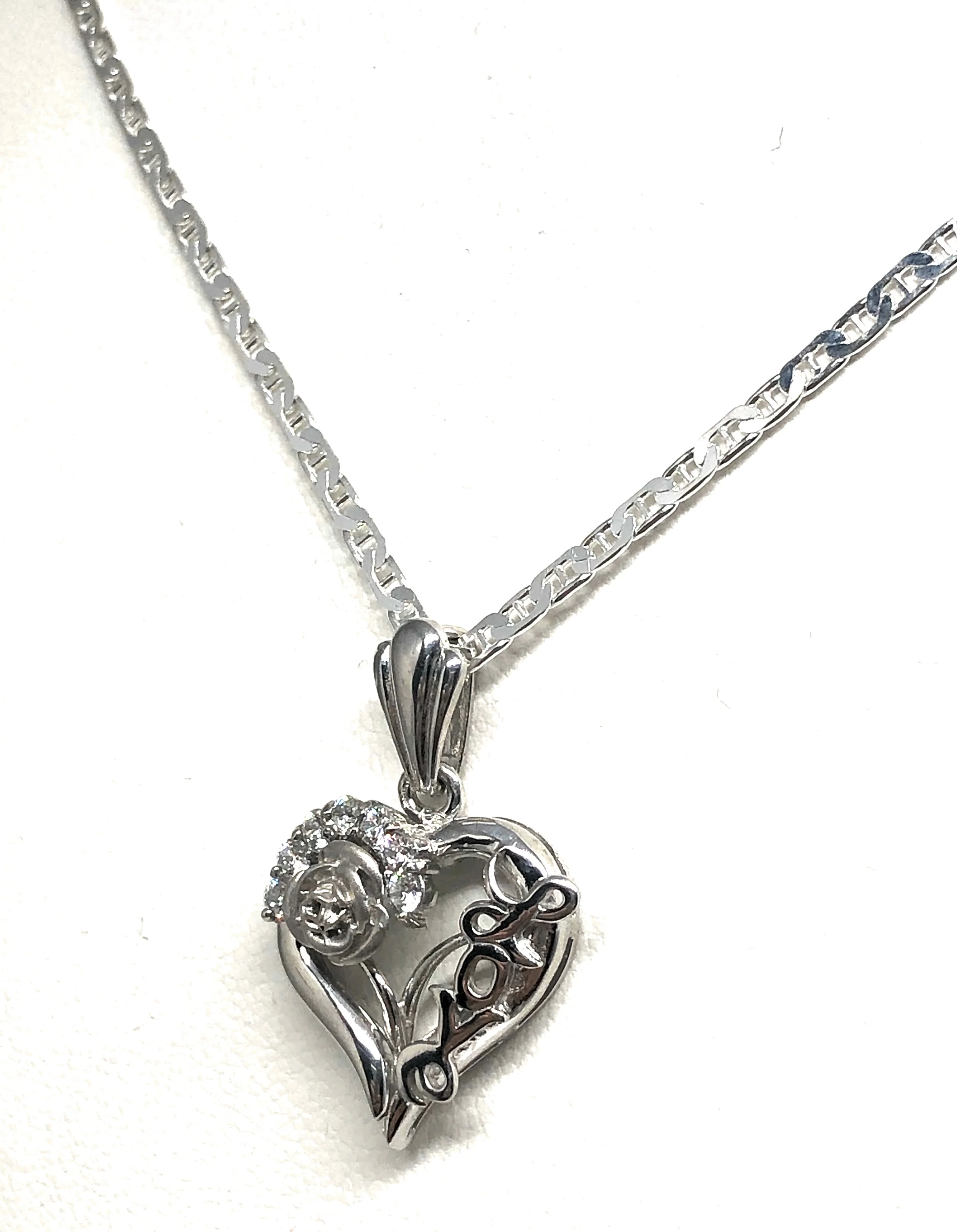 .925 Silver & White Gold Rhodium Heart & Rose Love Pendant CZ Necklace with Chain Options - Image 7