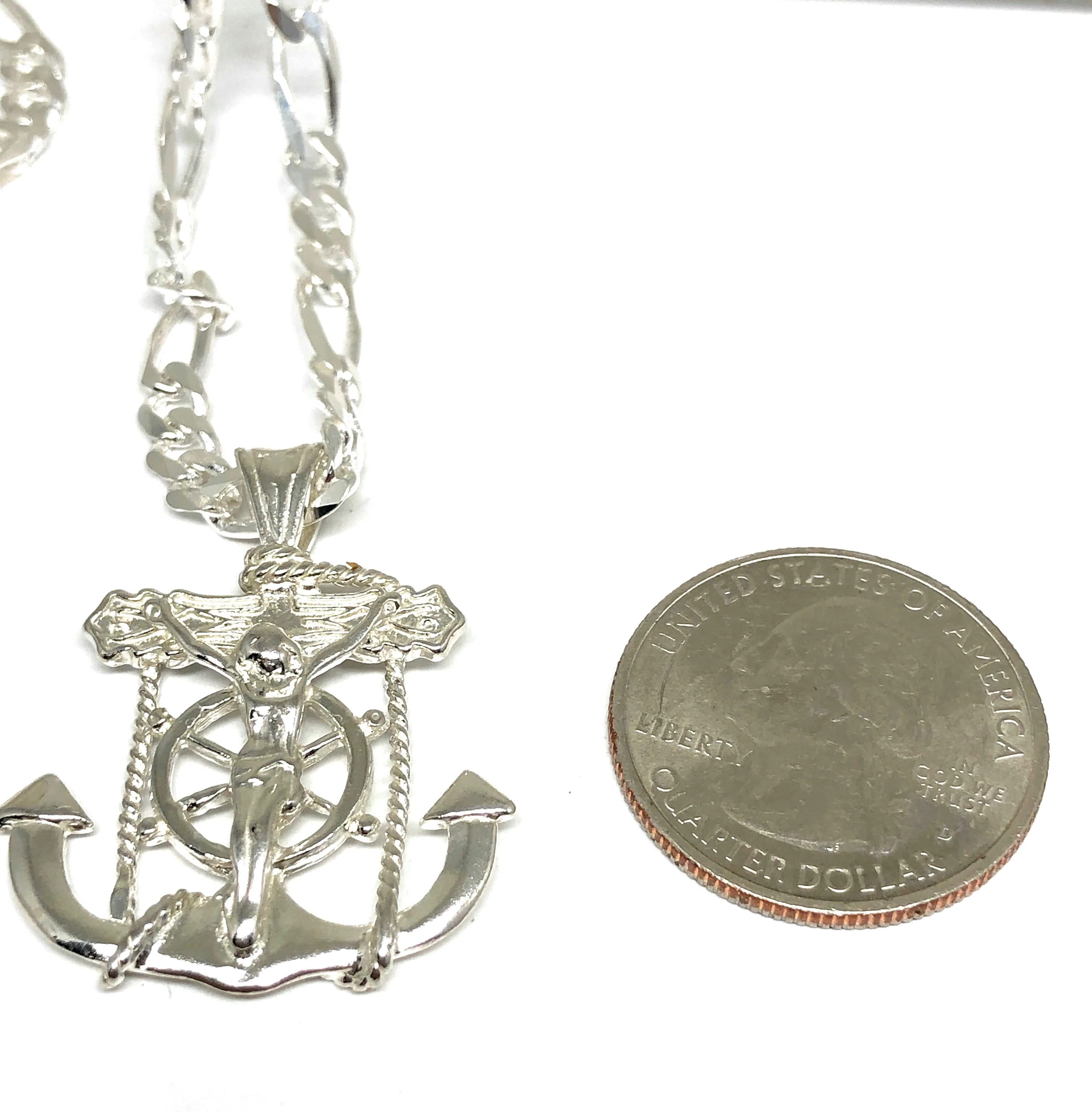 .925 Silver Jesus Anchor Crucifix Pendant Necklace with Figaro Chain - Image 2