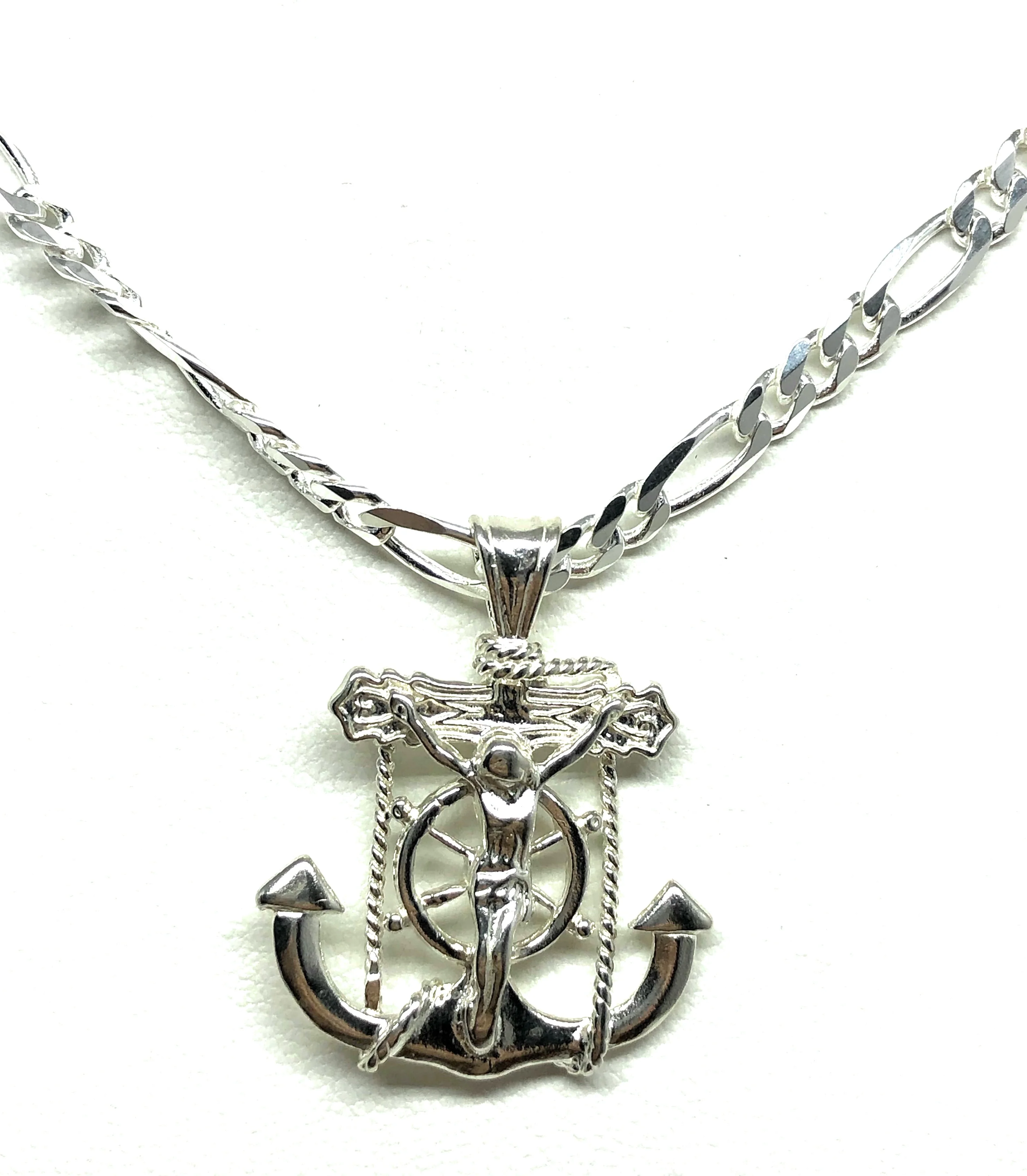 .925 Silver Jesus Anchor Crucifix Pendant Necklace with Figaro Chain - Image 3
