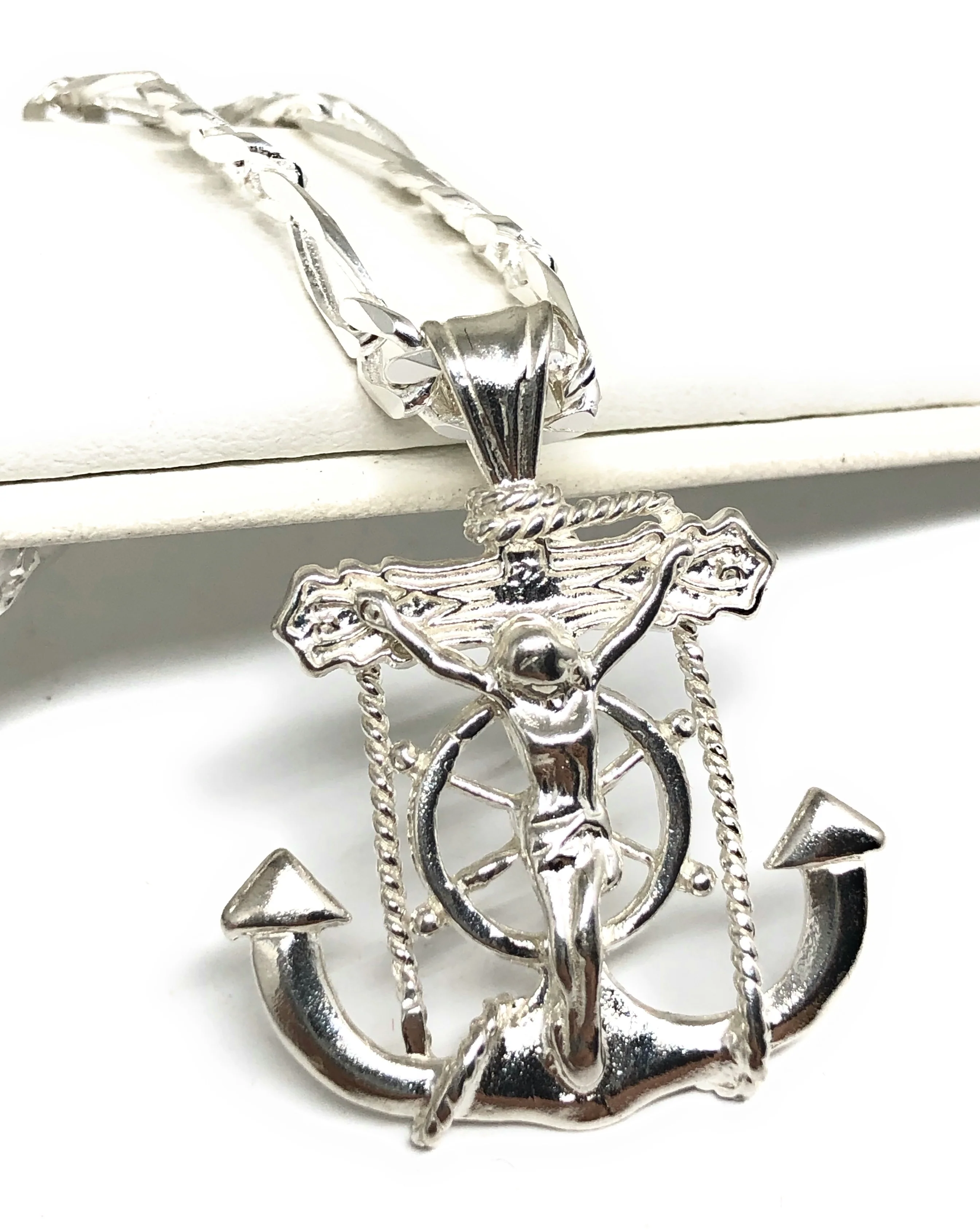 .925 Silver Jesus Anchor Crucifix Pendant Necklace with Figaro Chain - Image 4