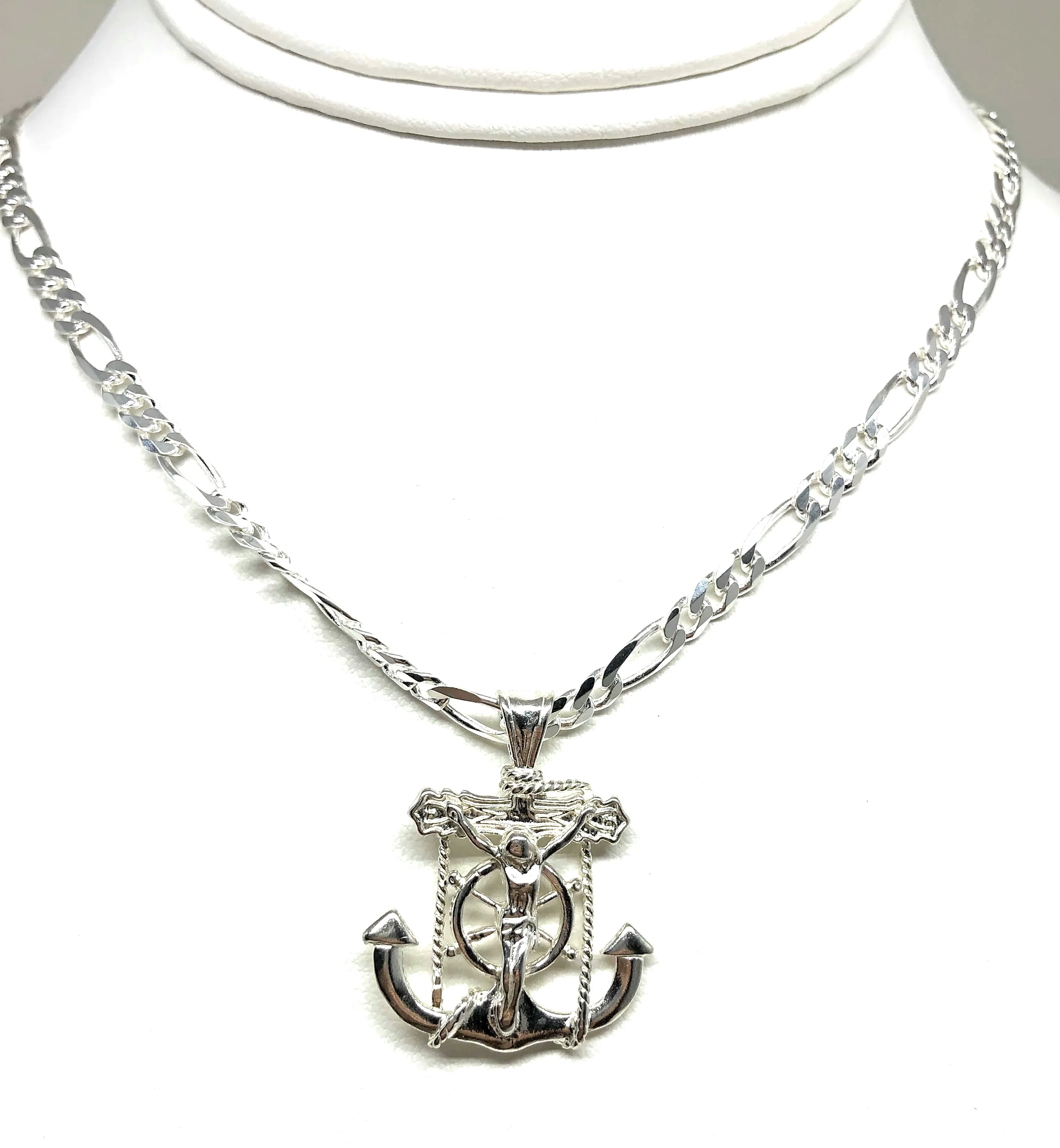 .925 Silver Jesus Anchor Crucifix Pendant Necklace with Figaro Chain - Image 5