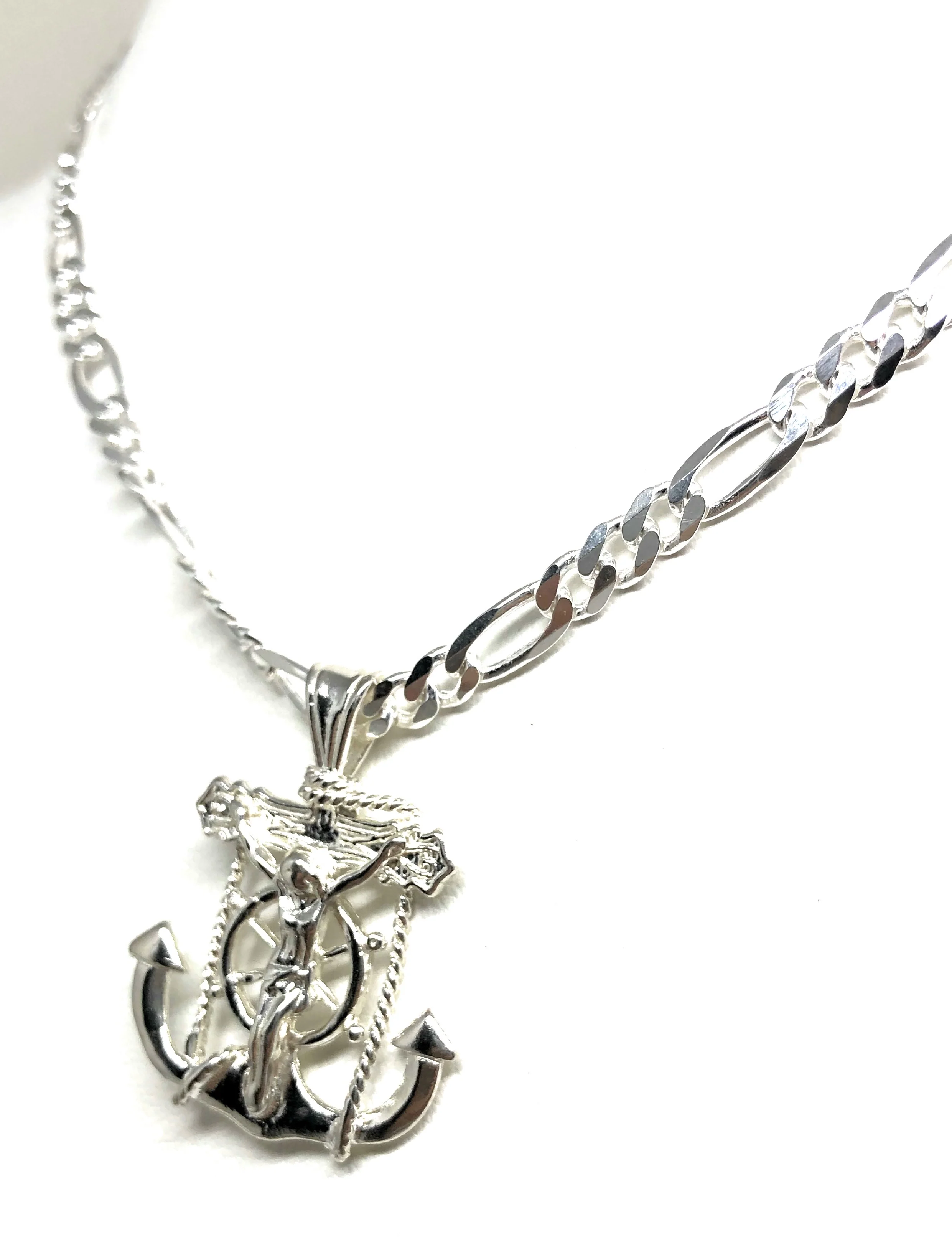 .925 Silver Jesus Anchor Crucifix Pendant Necklace with Figaro Chain - Image 6