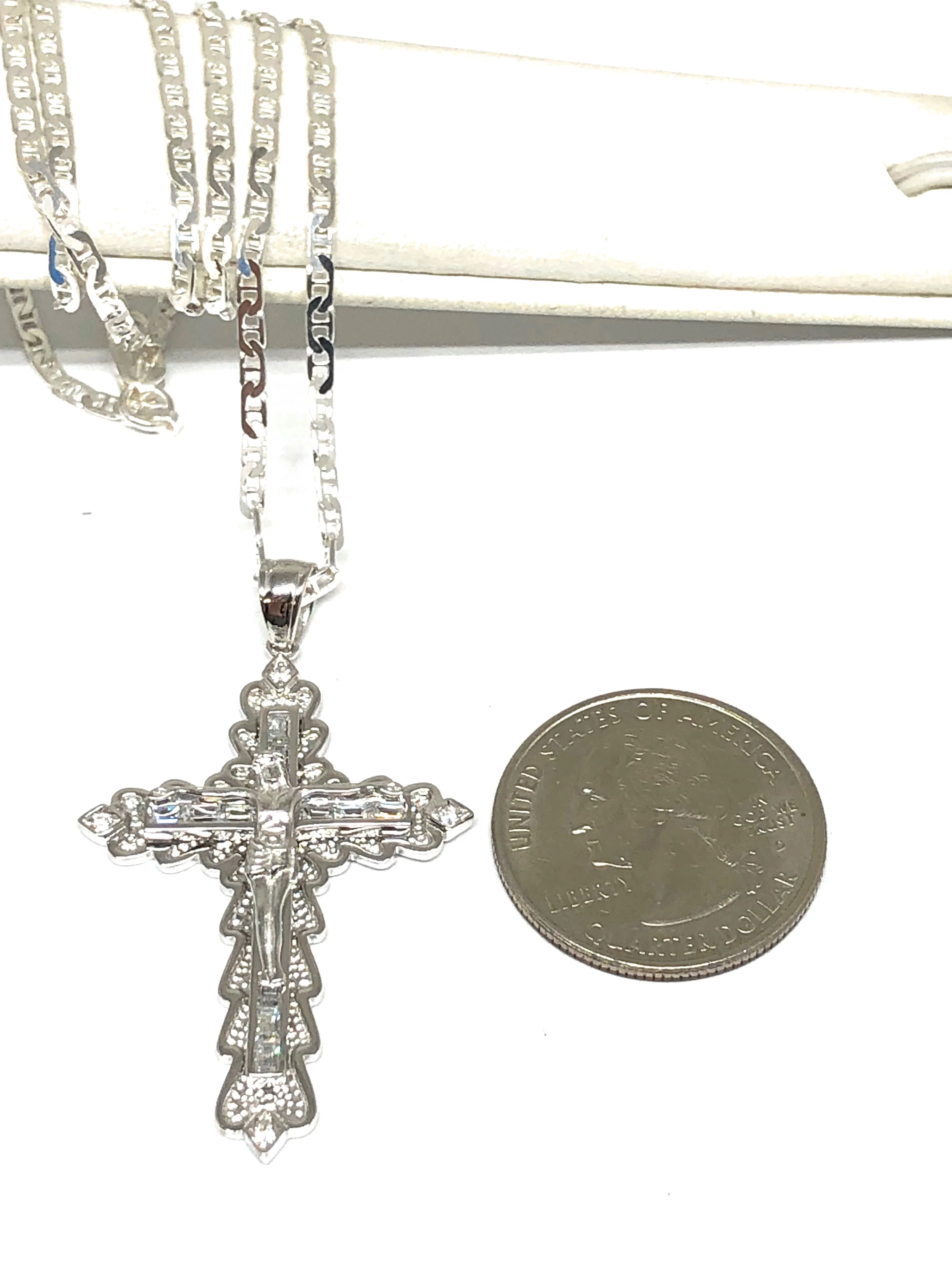 .925 Silver Jesus Cross Crucifix CZ Pendant Necklace with Valentina Chain - Image 2
