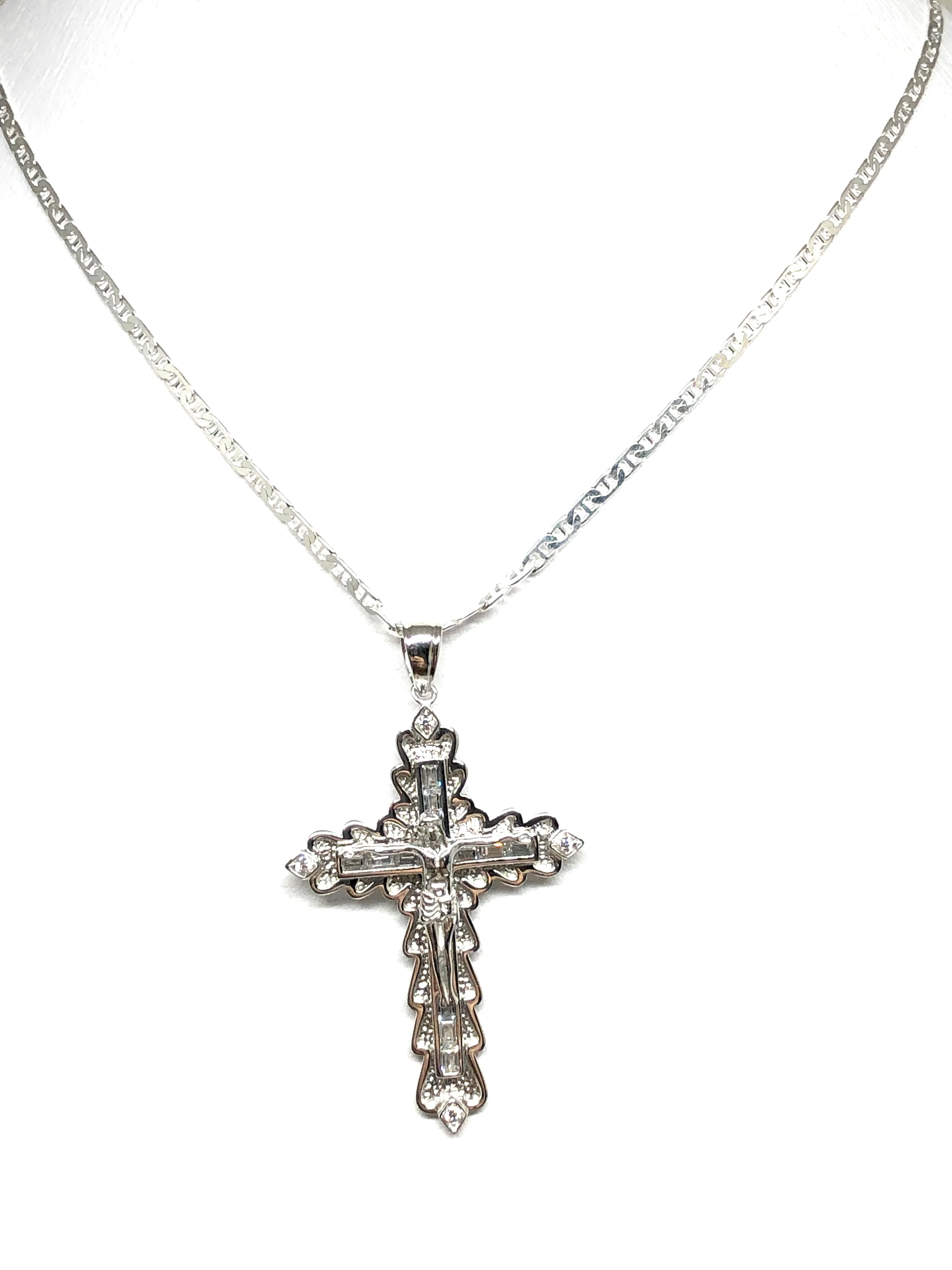 .925 Silver Jesus Cross Crucifix CZ Pendant Necklace with Valentina Chain - Image 3