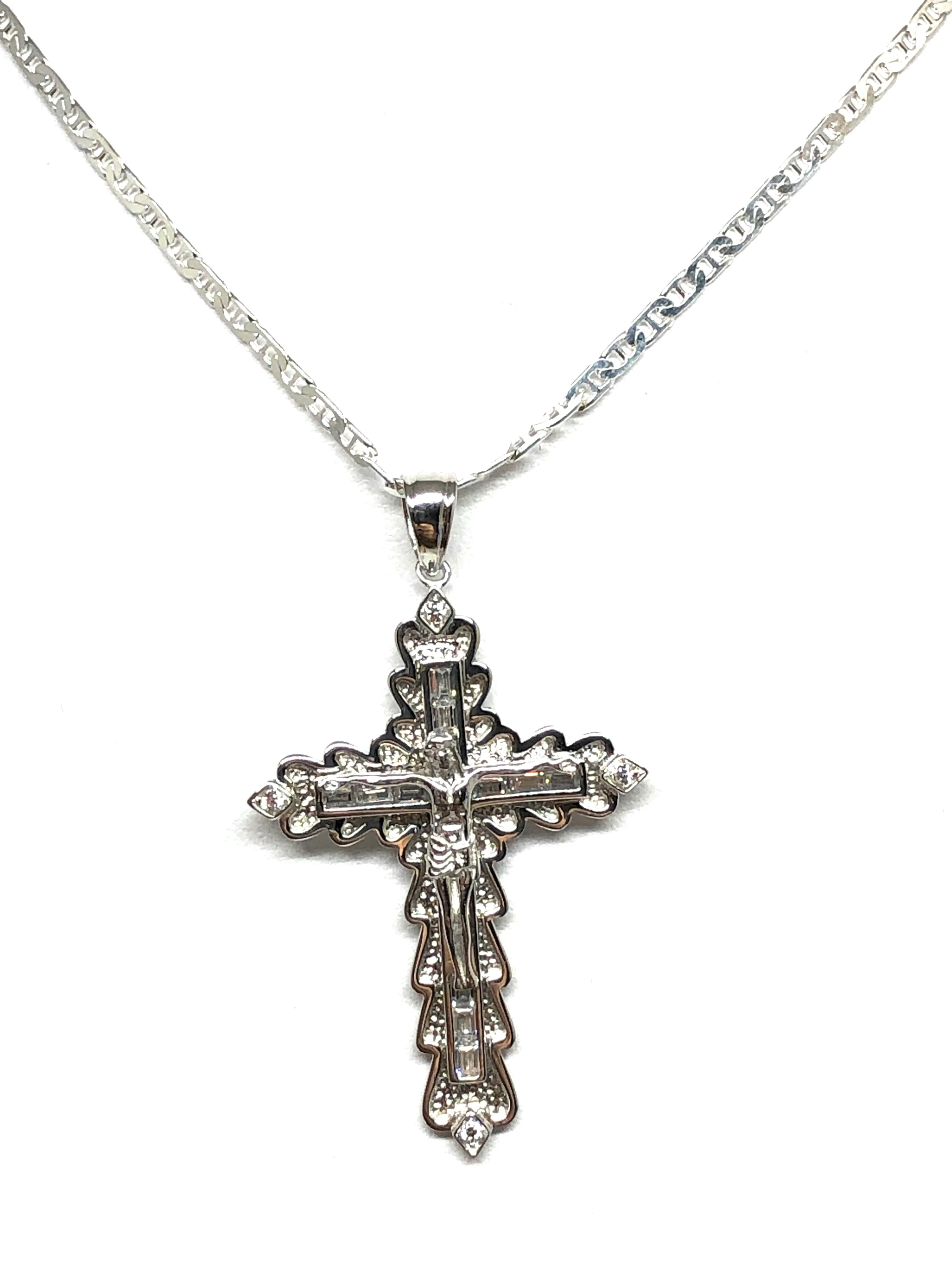 .925 Silver Jesus Cross Crucifix CZ Pendant Necklace with Valentina Chain - Image 4