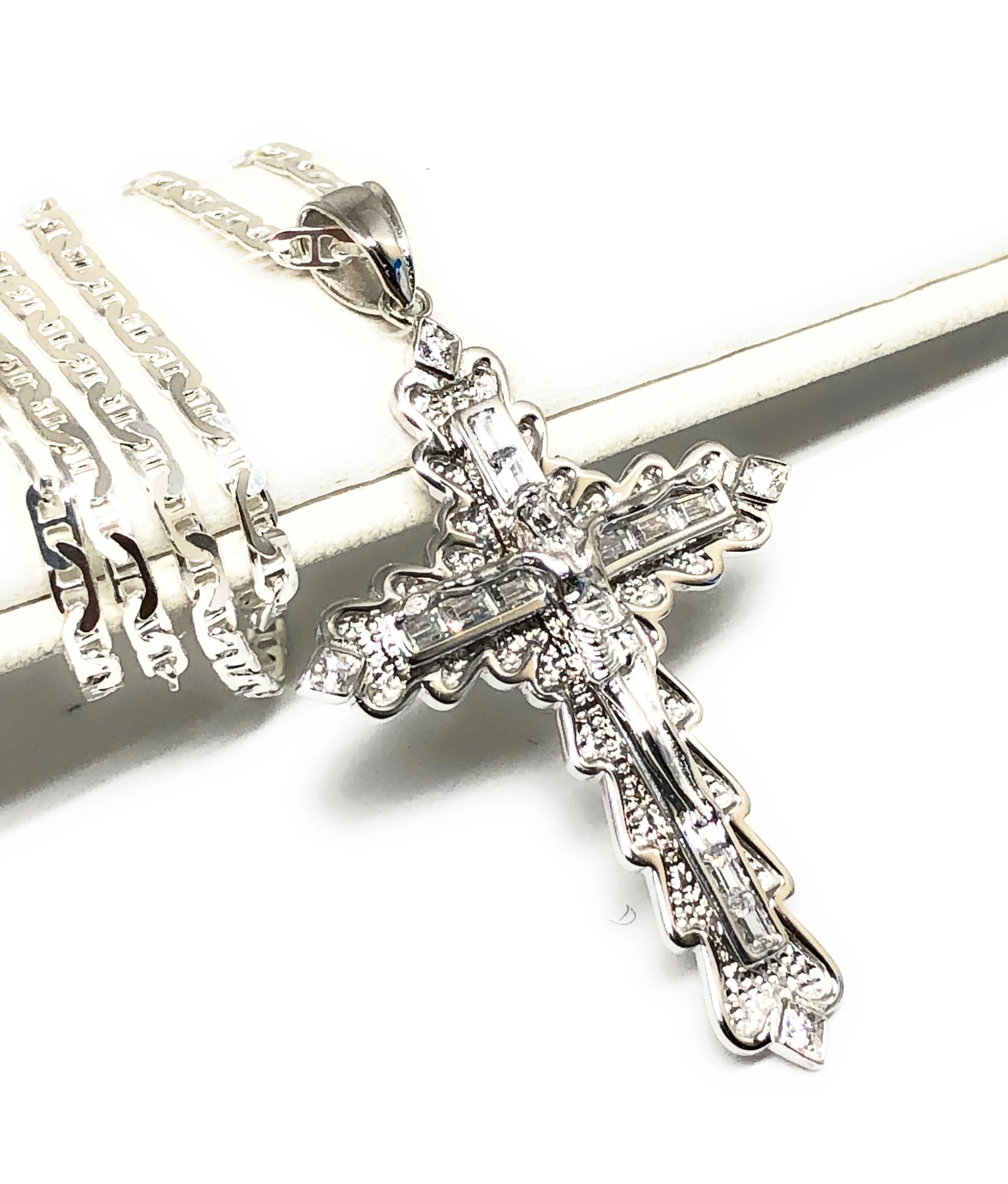 .925 Silver Jesus Cross Crucifix CZ Pendant Necklace with Valentina Chain - Image 5