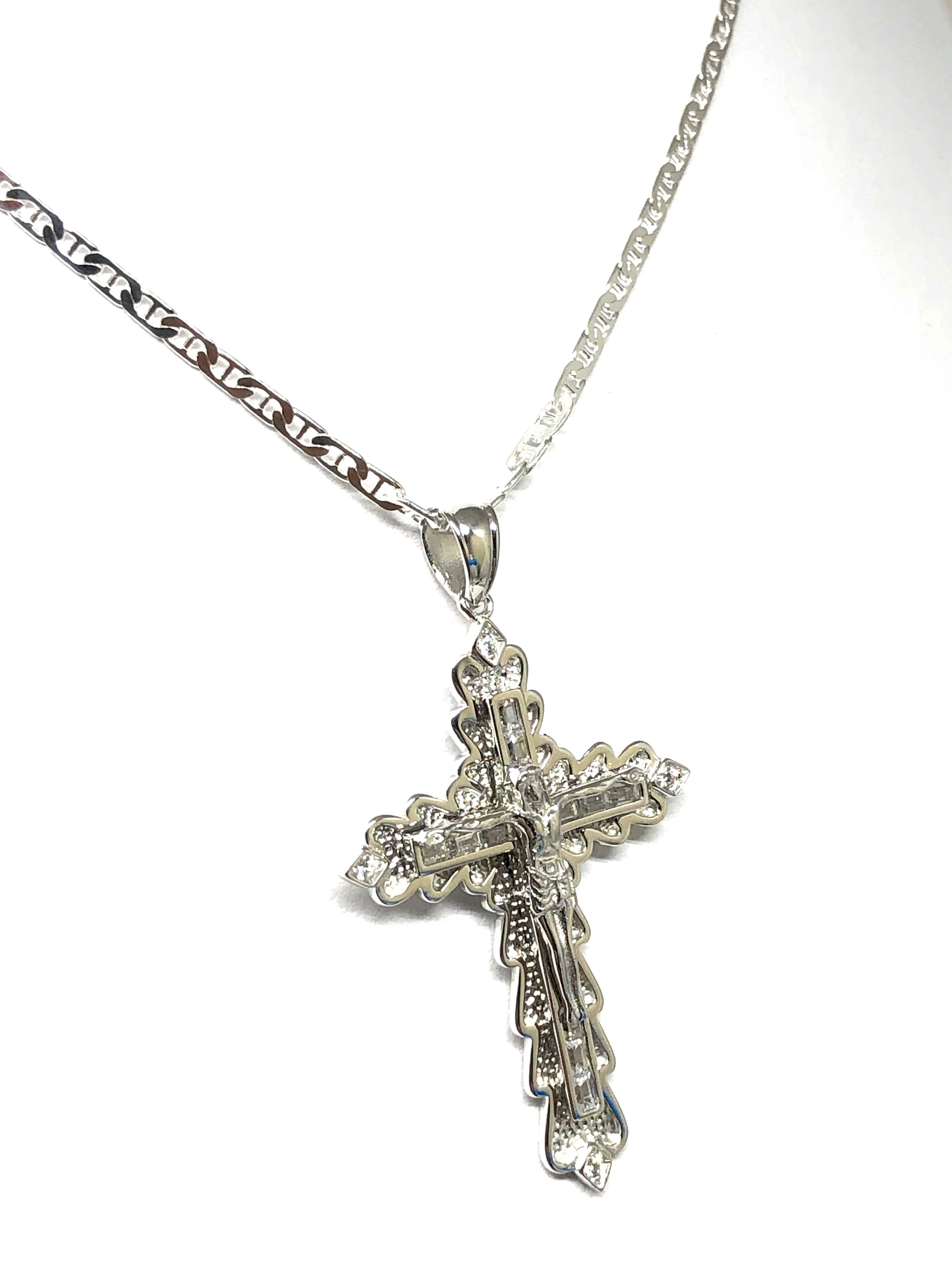 .925 Silver Jesus Cross Crucifix CZ Pendant Necklace with Valentina Chain - Image 6