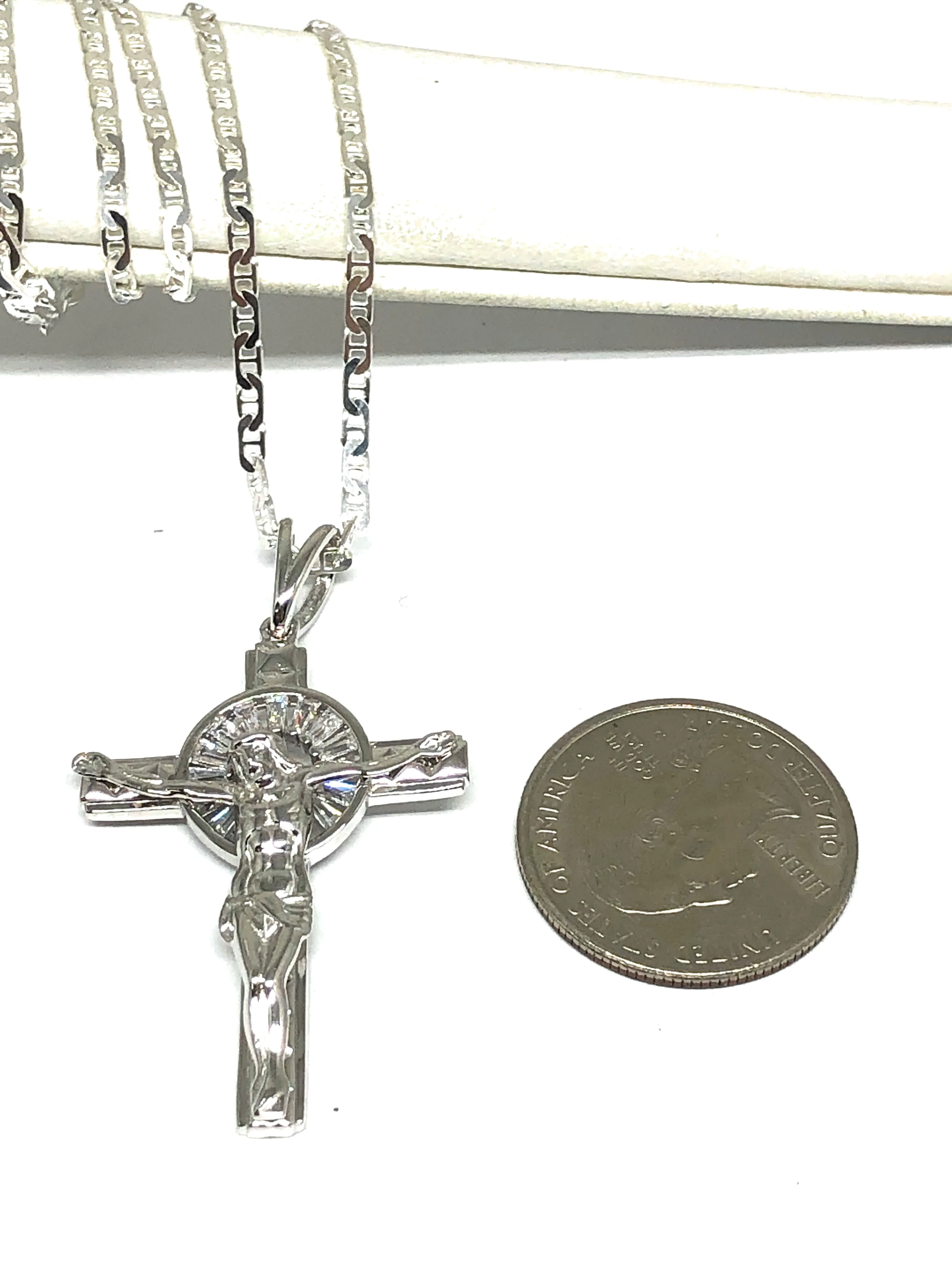 .925 Silver Jesus Cross Crucifix CZ Pendant Necklace with Valentina Chain - Image 2