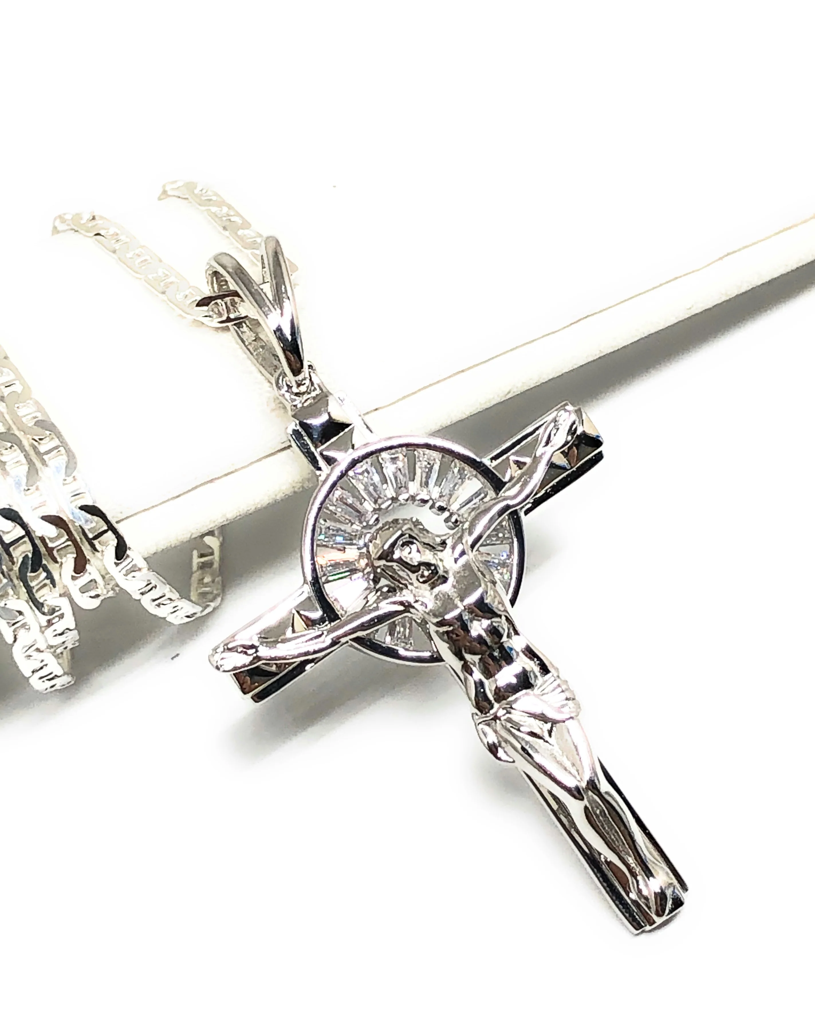 .925 Silver Jesus Cross Crucifix CZ Pendant Necklace with Valentina Chain - Image 3