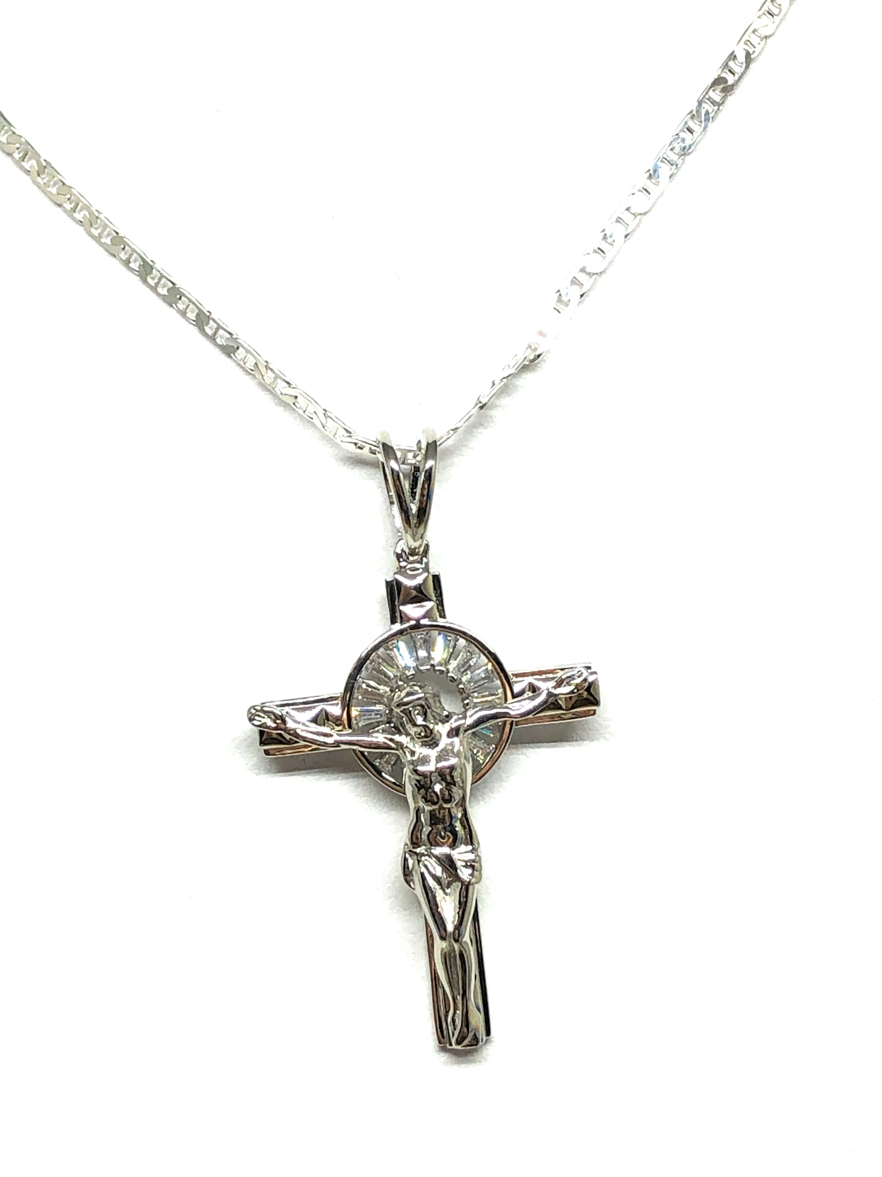 .925 Silver Jesus Cross Crucifix CZ Pendant Necklace with Valentina Chain - Image 4