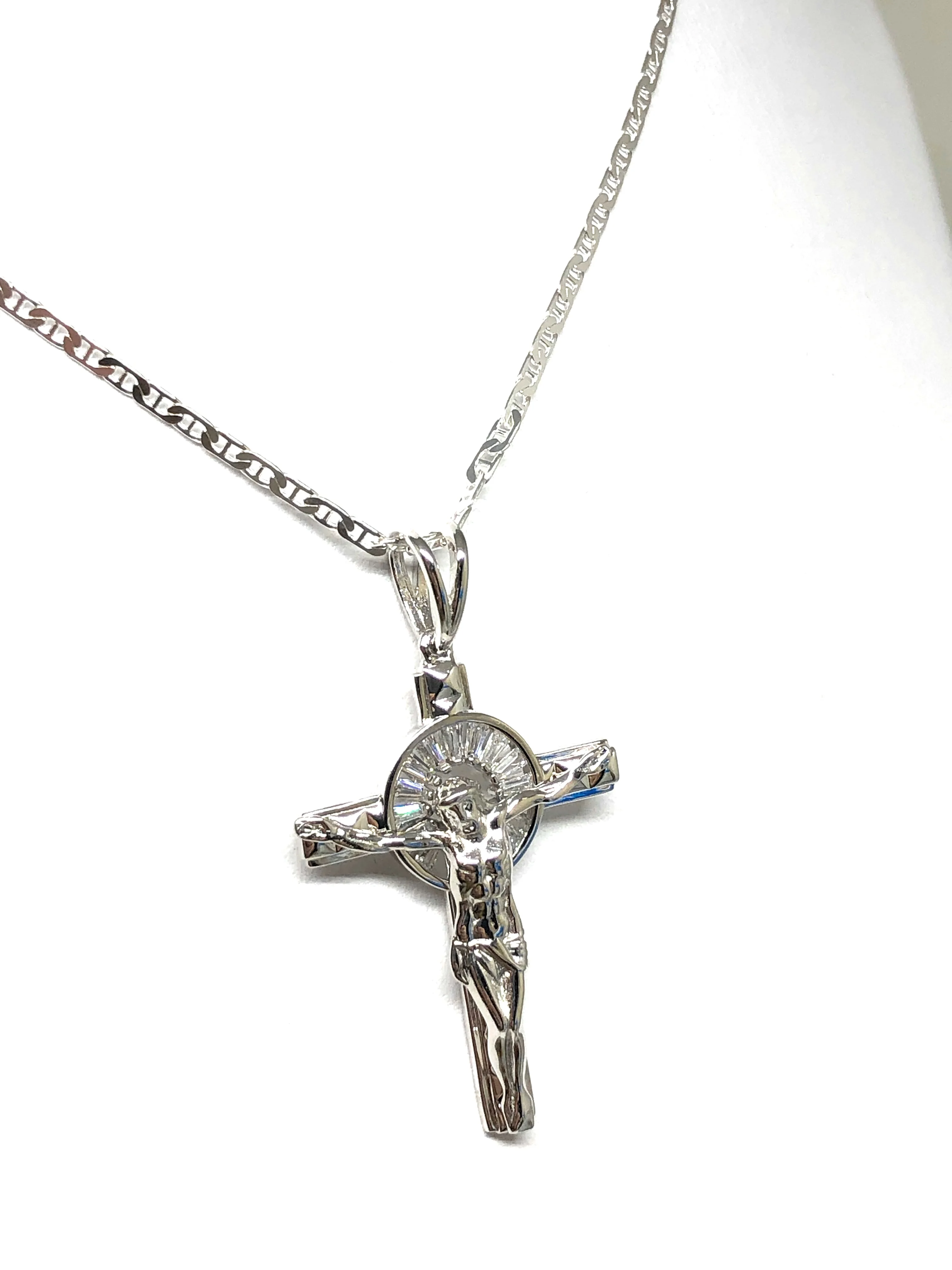 .925 Silver Jesus Cross Crucifix CZ Pendant Necklace with Valentina Chain - Image 5