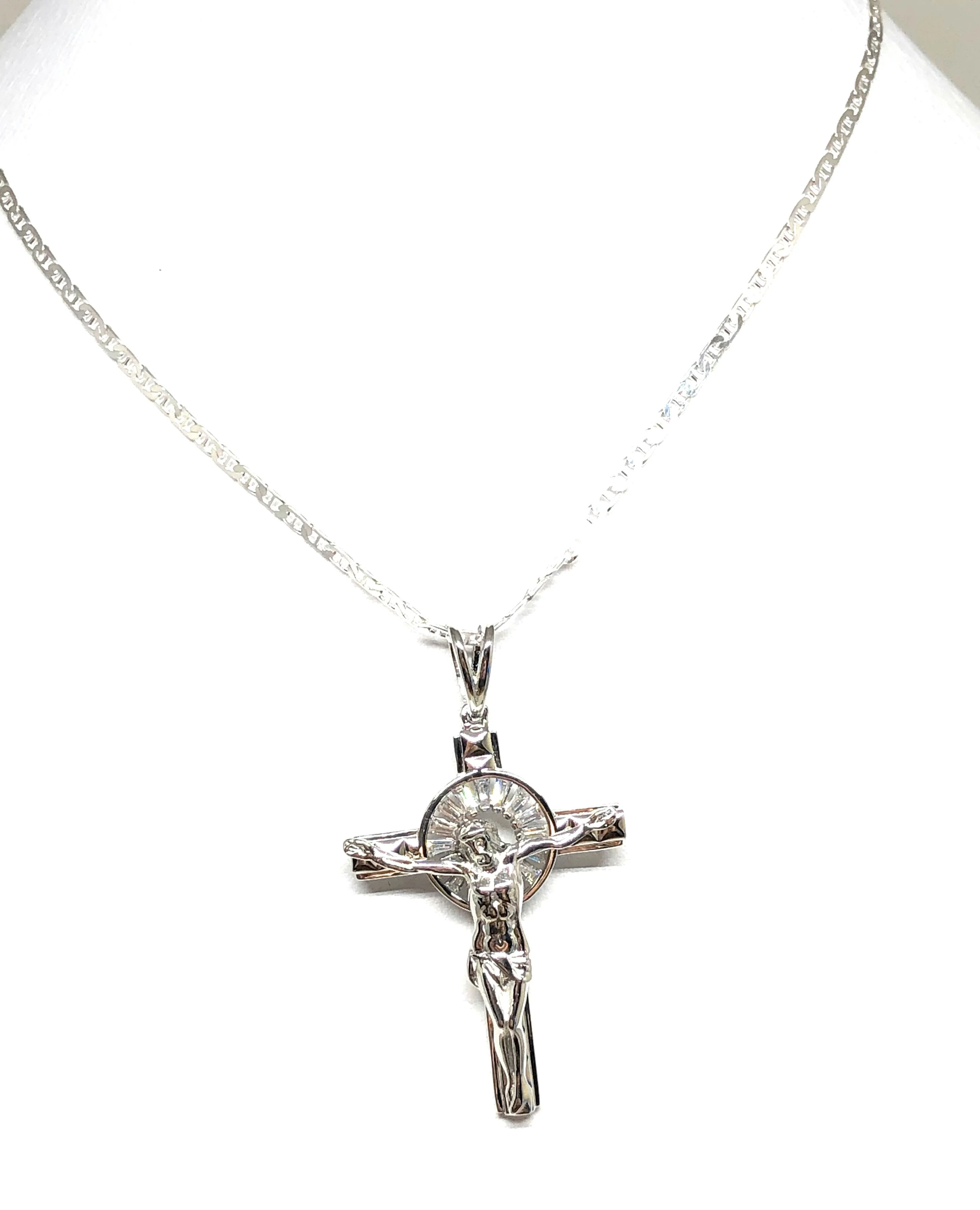 .925 Silver Jesus Cross Crucifix CZ Pendant Necklace with Valentina Chain - Image 6