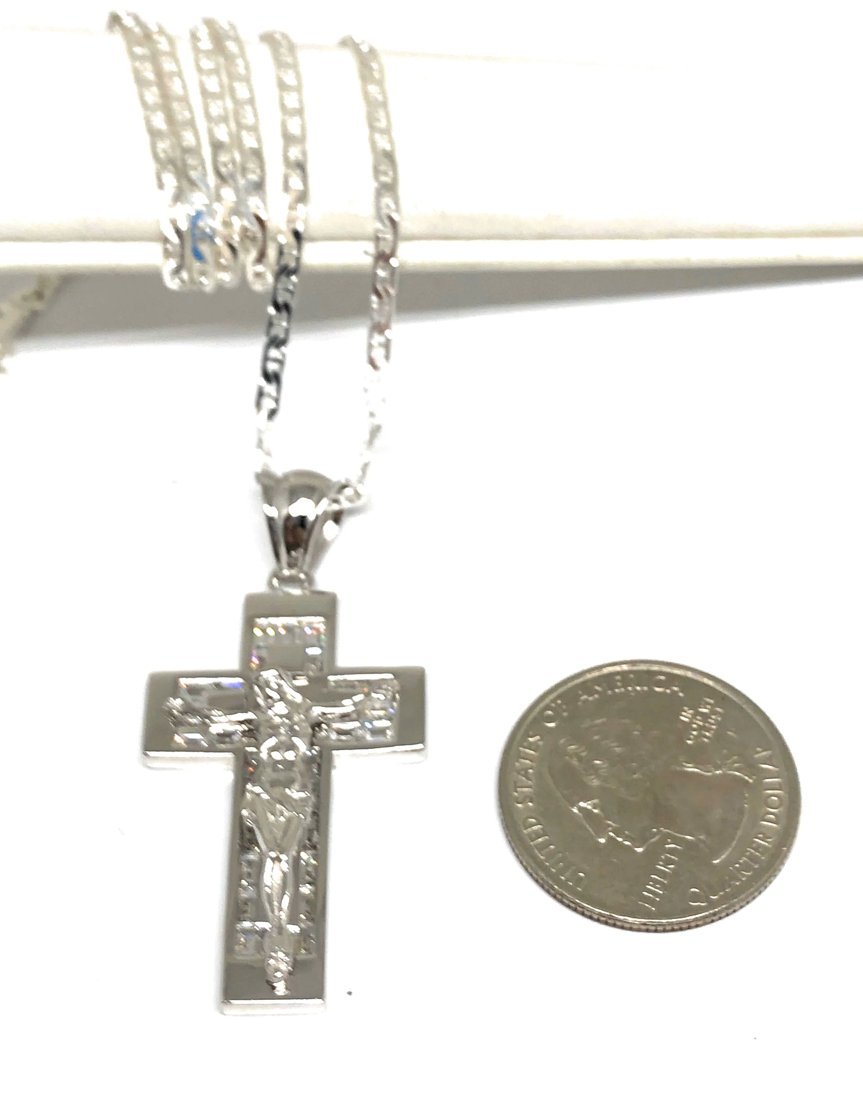 .925 Silver Jesus Cross Crucifix CZ Pendant Necklace with Valentina Chain - Image 2