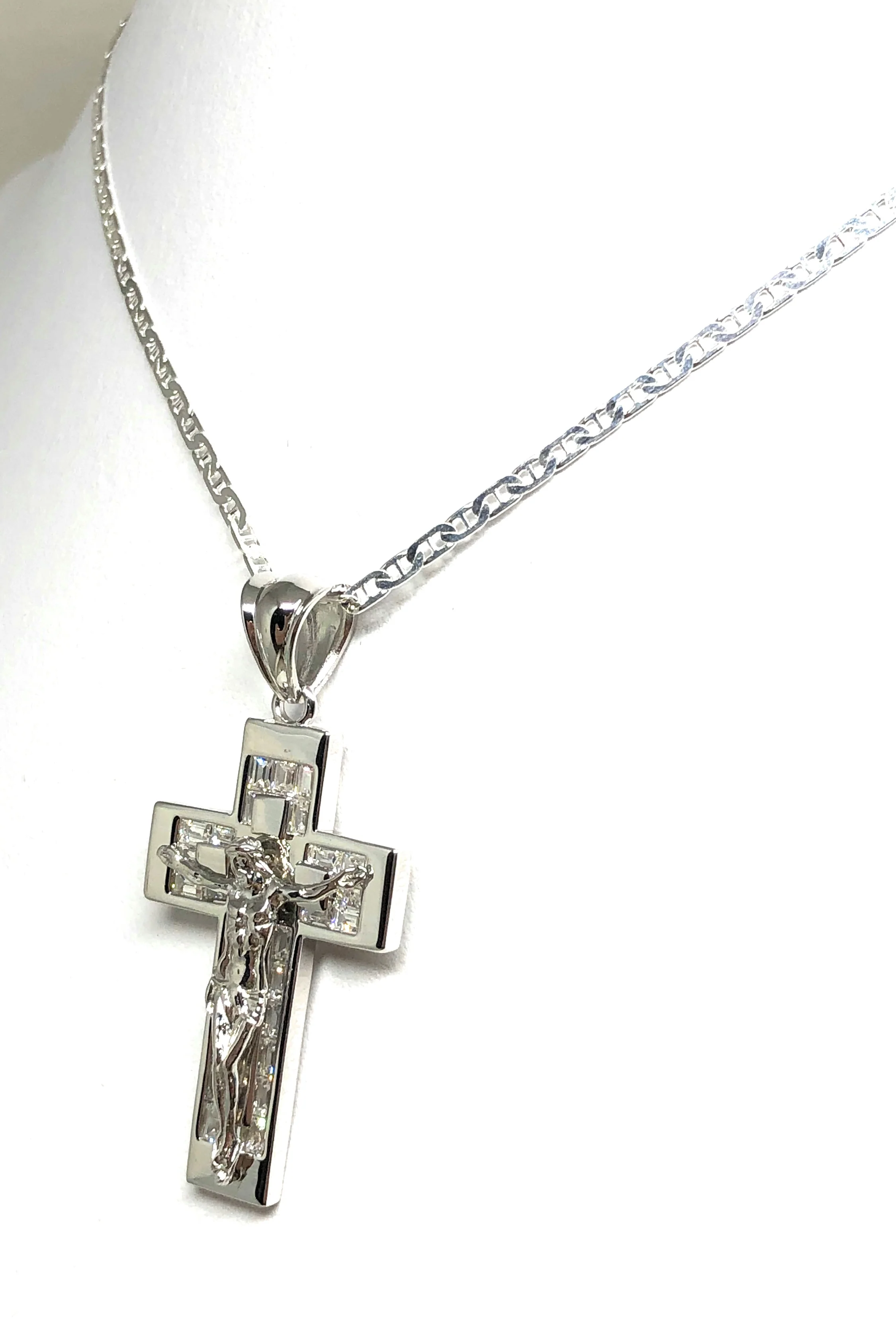 .925 Silver Jesus Cross Crucifix CZ Pendant Necklace with Valentina Chain - Image 3