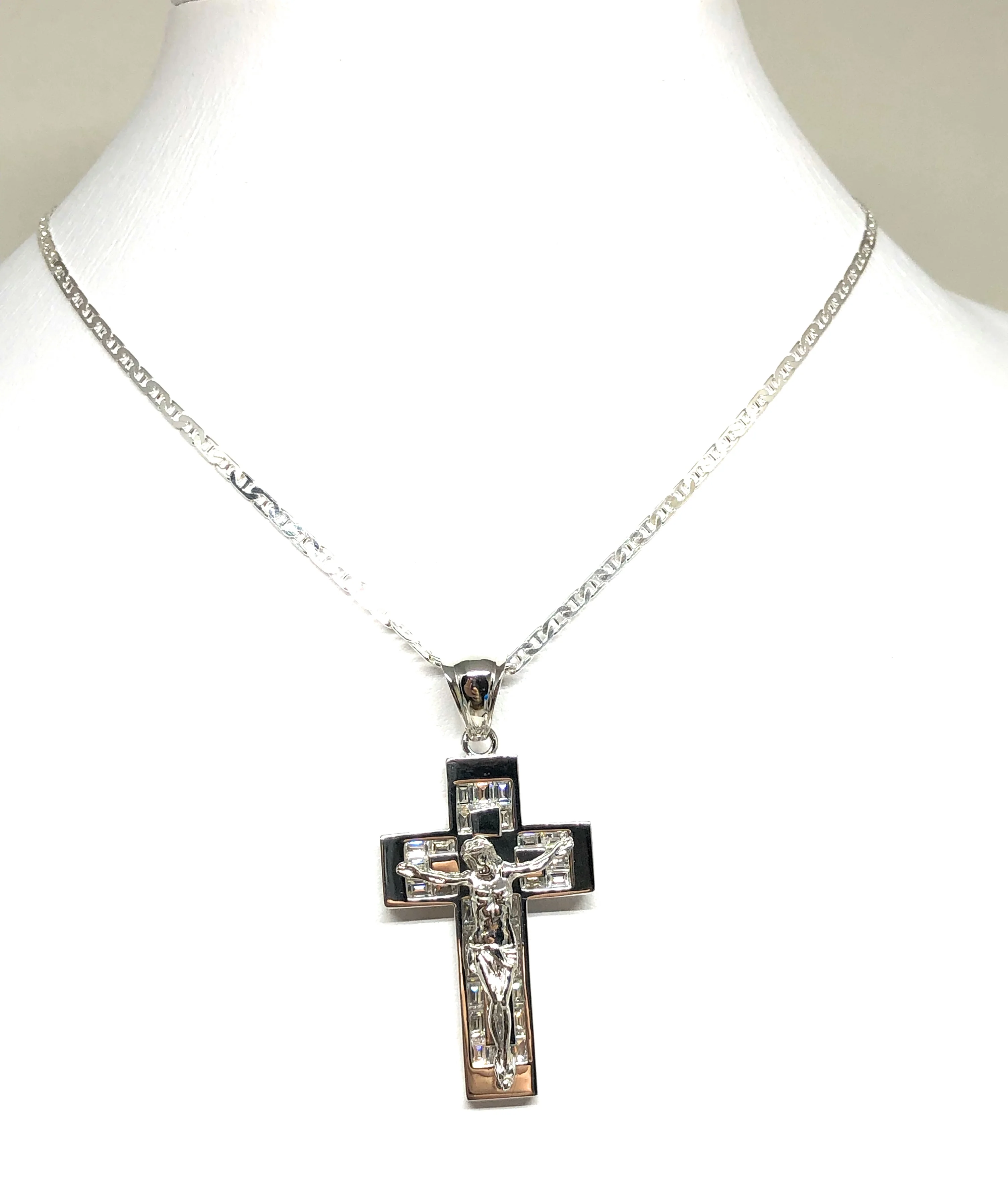 .925 Silver Jesus Cross Crucifix CZ Pendant Necklace with Valentina Chain - Image 4