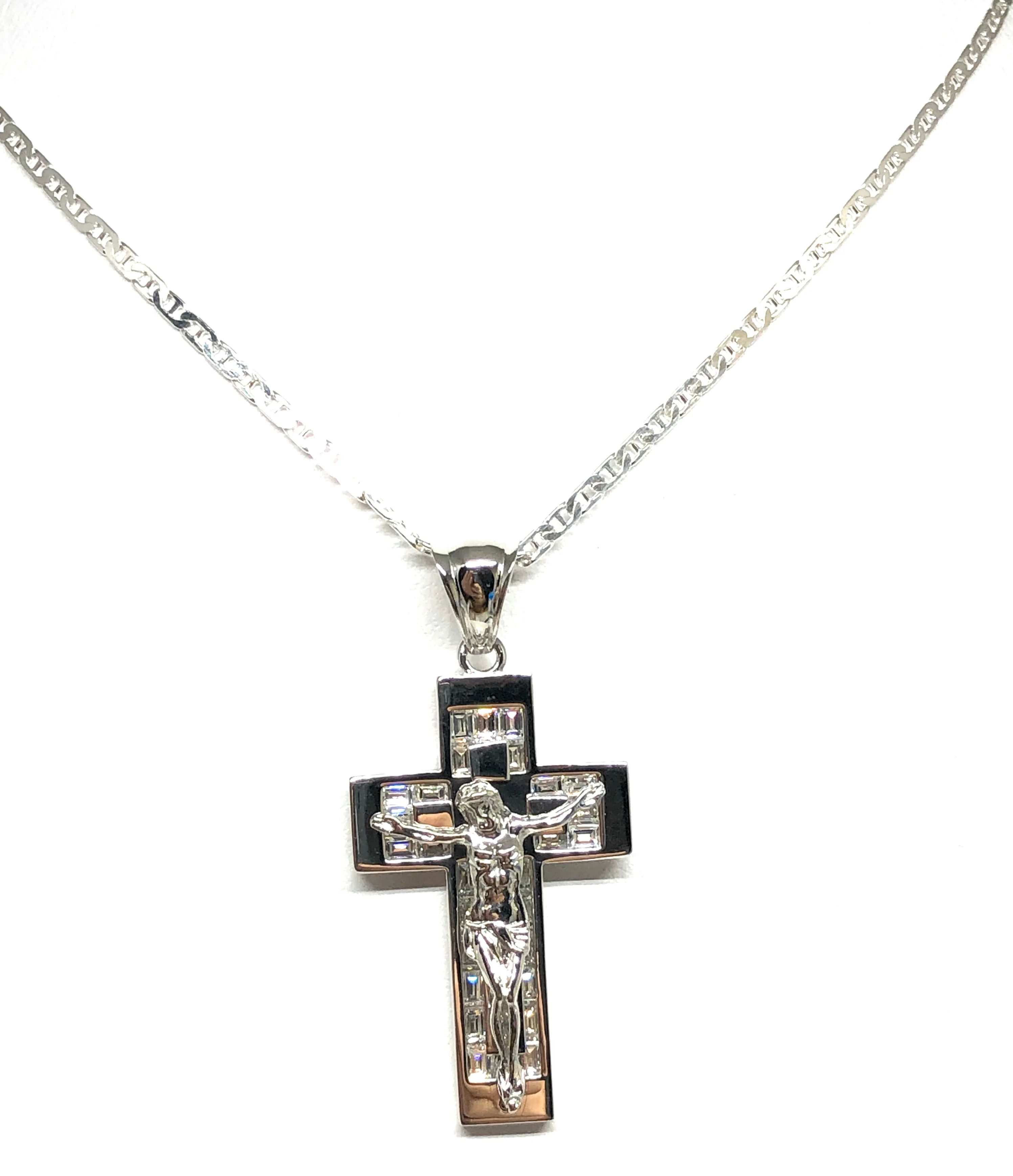 .925 Silver Jesus Cross Crucifix CZ Pendant Necklace with Valentina Chain - Image 5