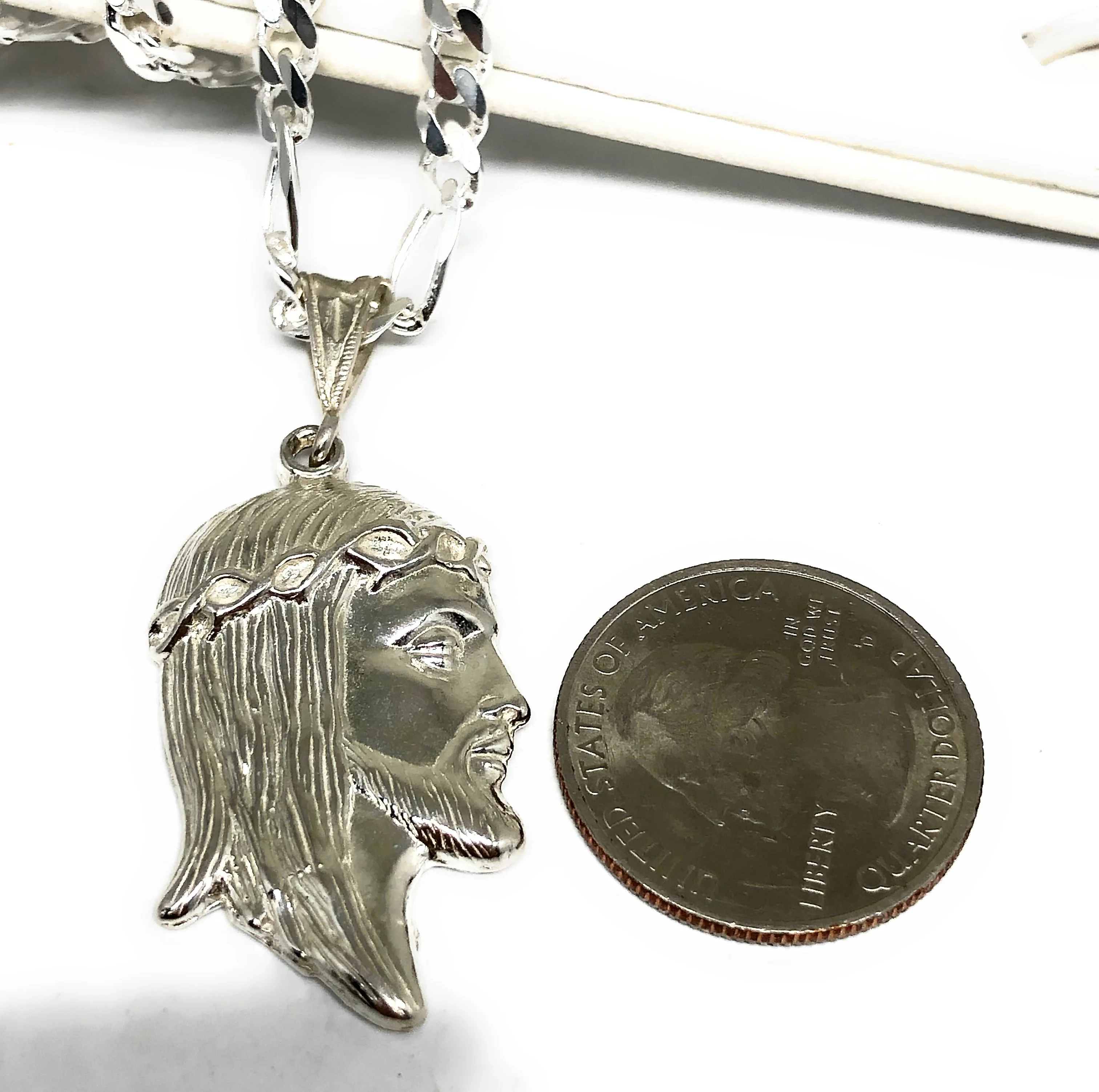 .925 Silver Jesus Face Pendant Necklace with Figaro Chain - Image 2