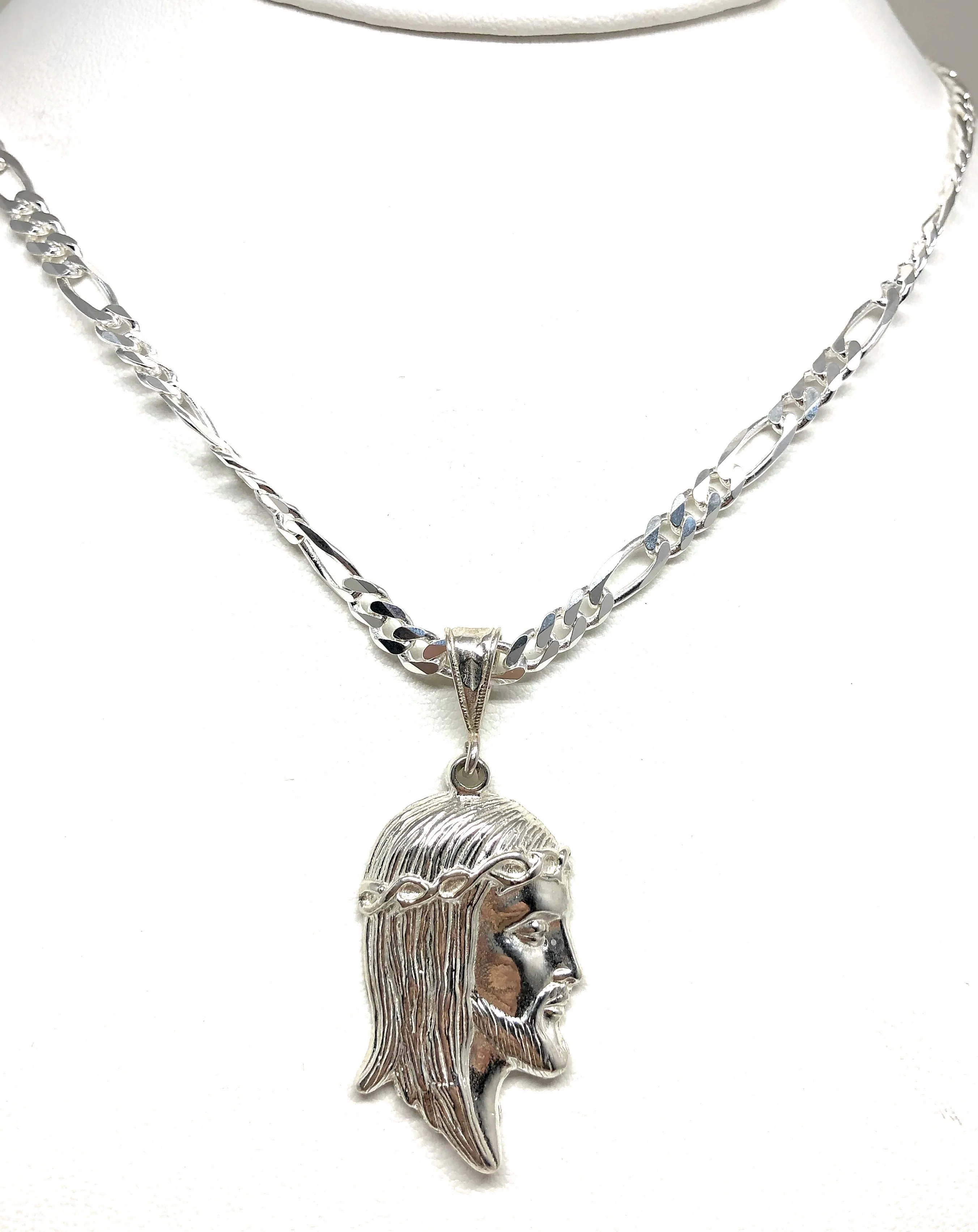 .925 Silver Jesus Face Pendant Necklace with Figaro Chain - Image 4