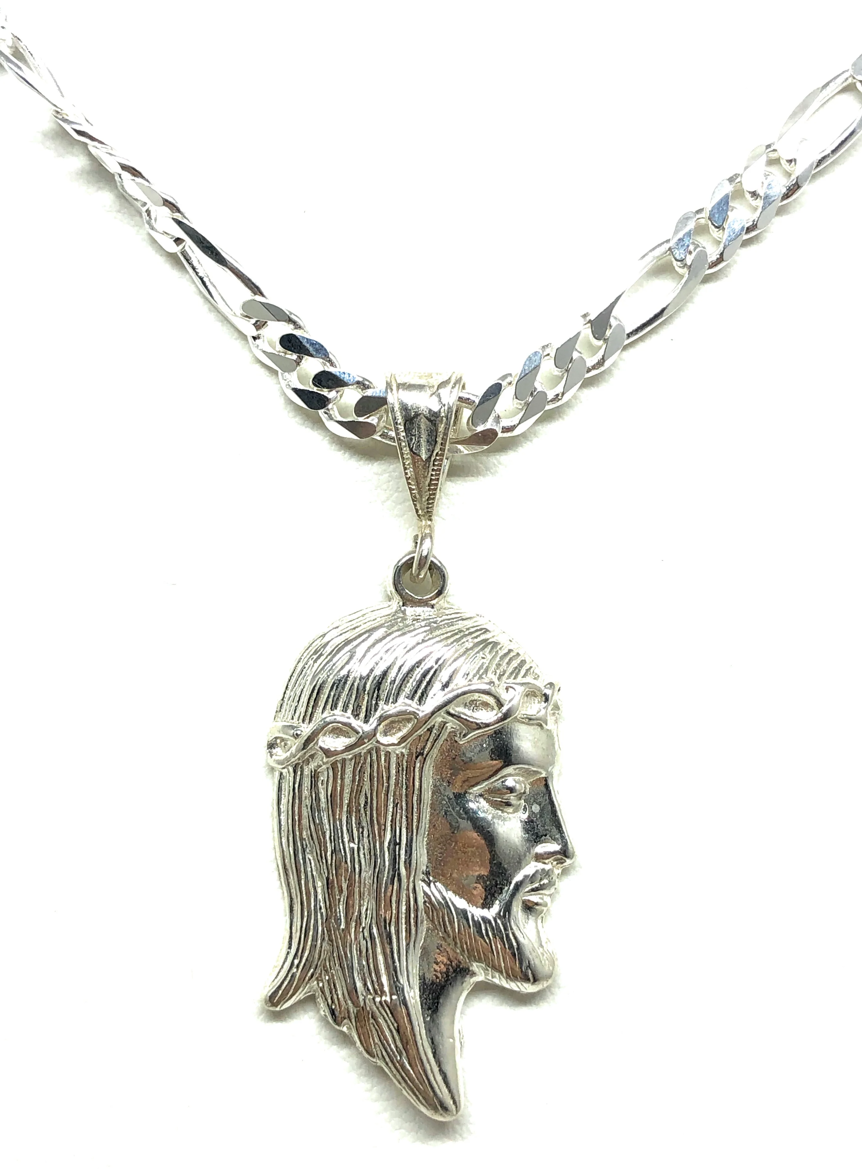 .925 Silver Jesus Face Pendant Necklace with Figaro Chain - Image 6