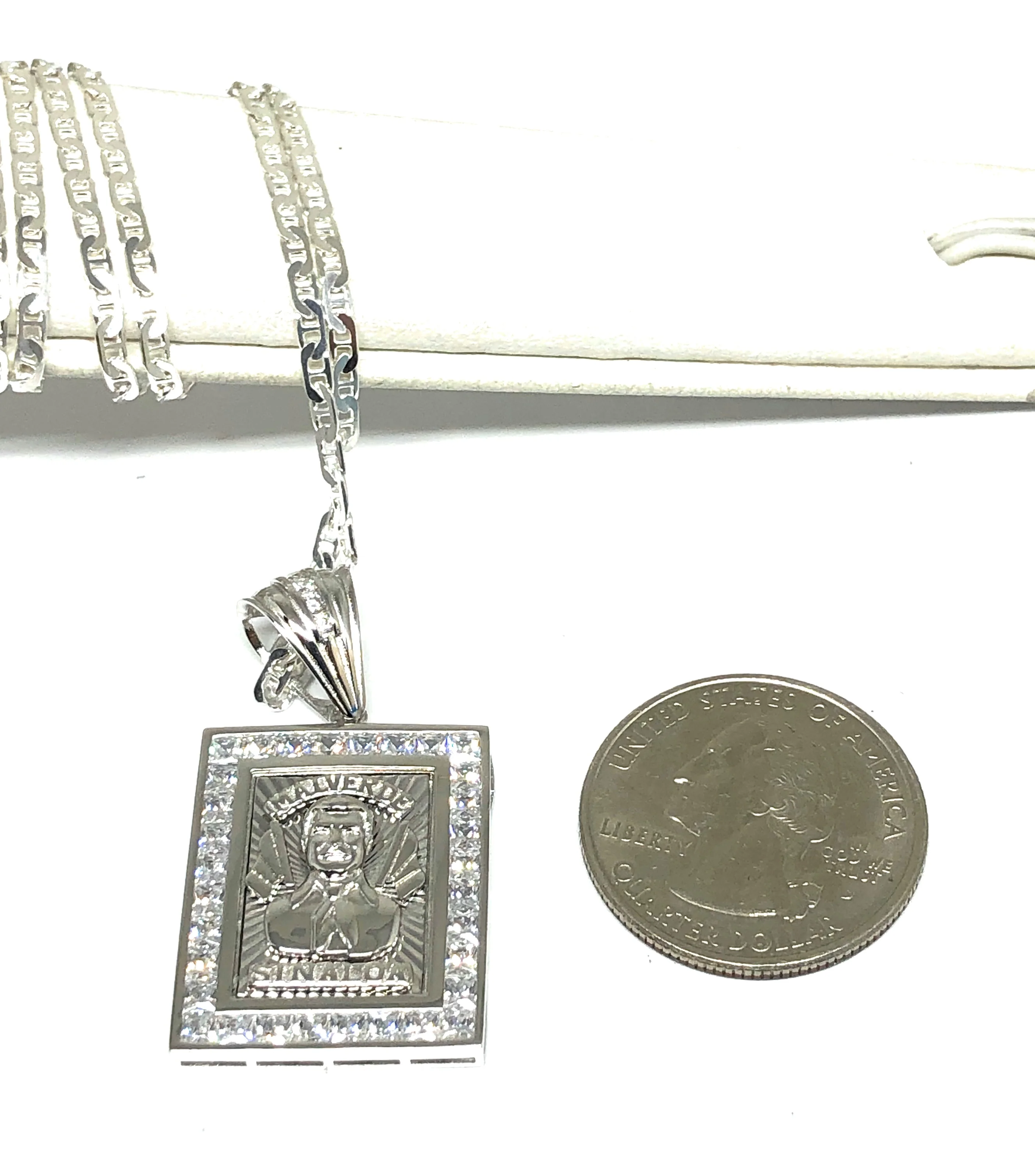 .925 Silver Jesus Malverde CZ Pendant Necklace with Valentina Chain - Image 2