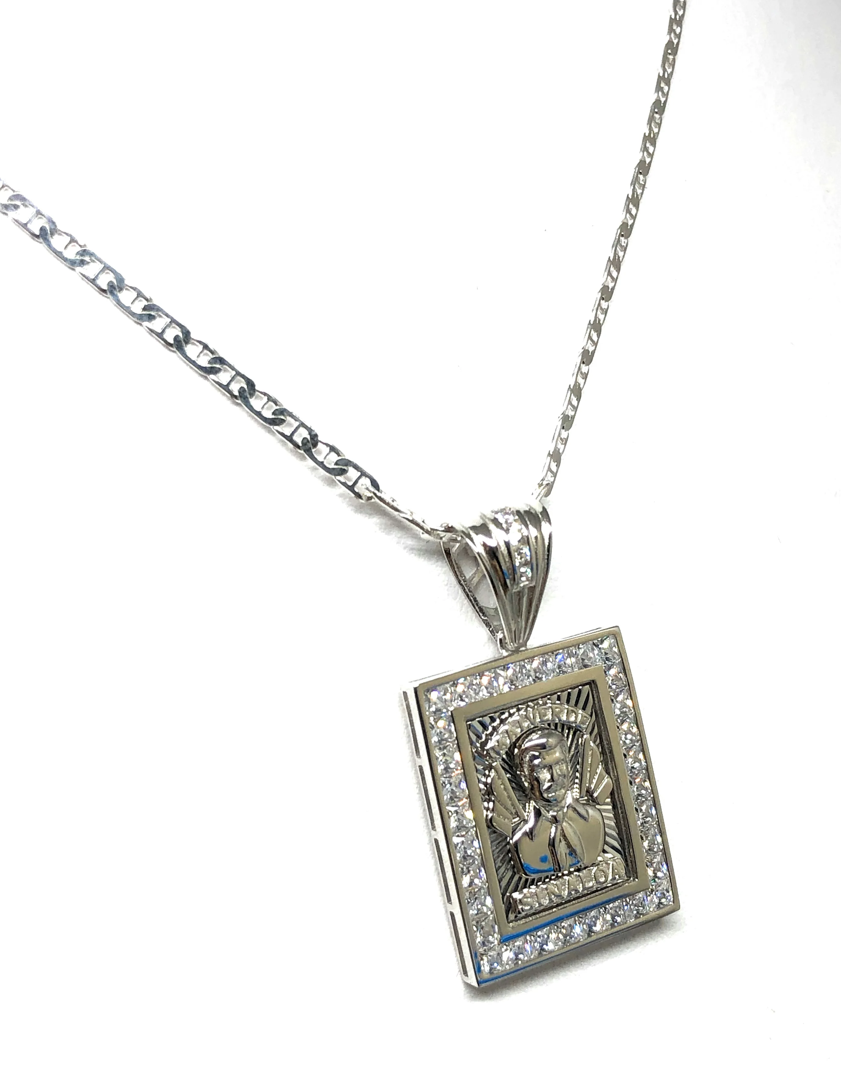 .925 Silver Jesus Malverde CZ Pendant Necklace with Valentina Chain - Image 3