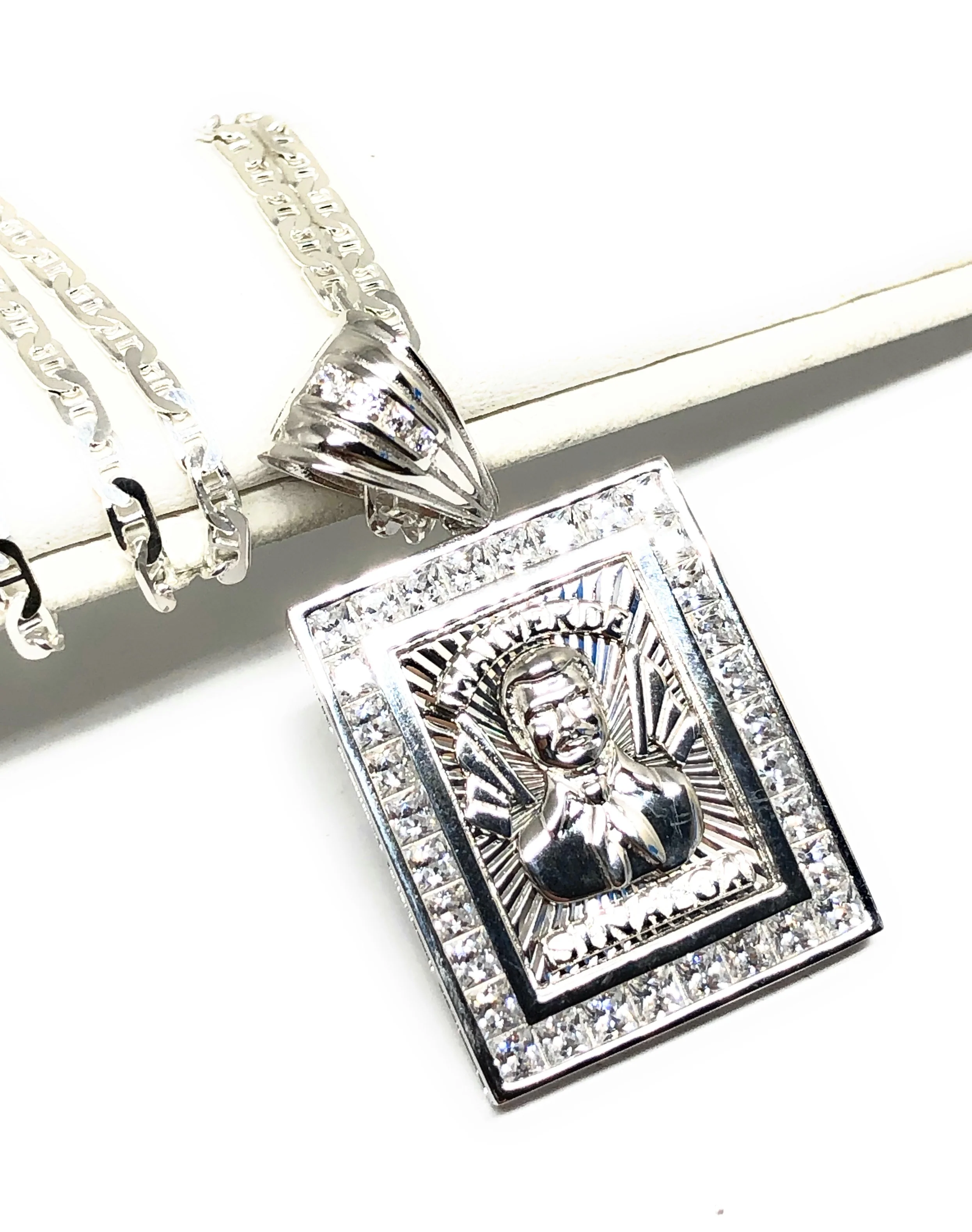 .925 Silver Jesus Malverde CZ Pendant Necklace with Valentina Chain - Image 4