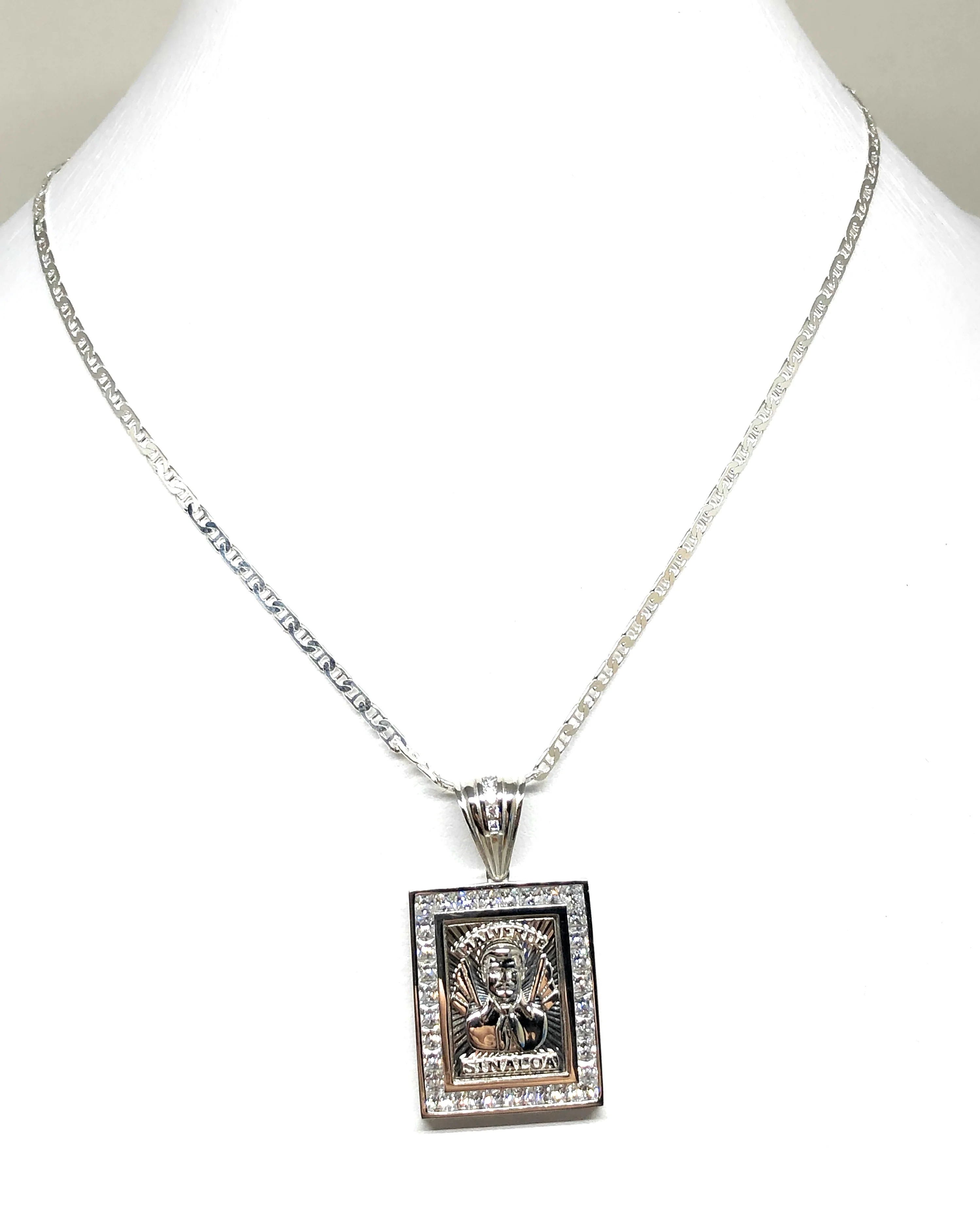.925 Silver Jesus Malverde CZ Pendant Necklace with Valentina Chain - Image 5